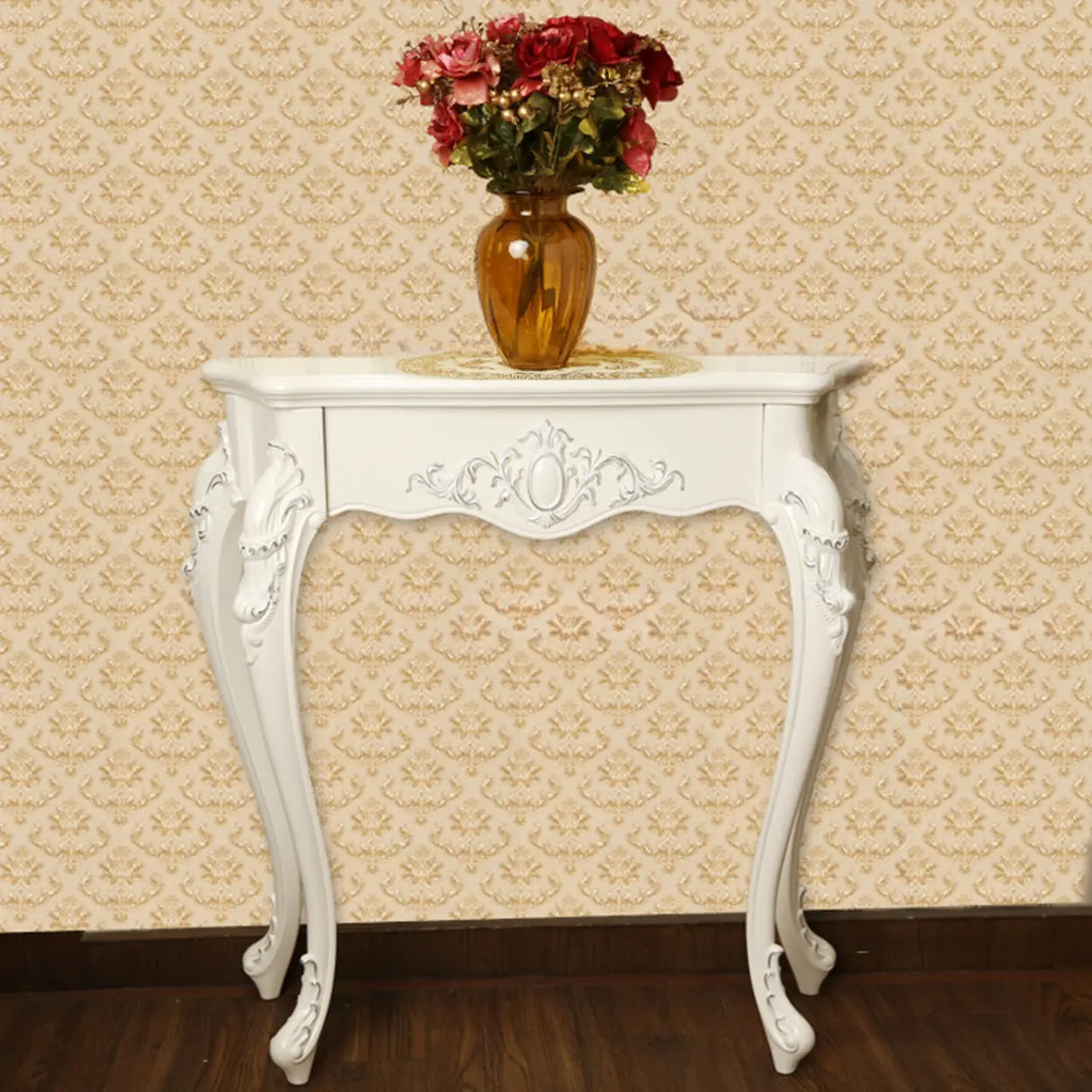 Elegant Curved Wood Cream Free Form Narrow Console Table Image - 13