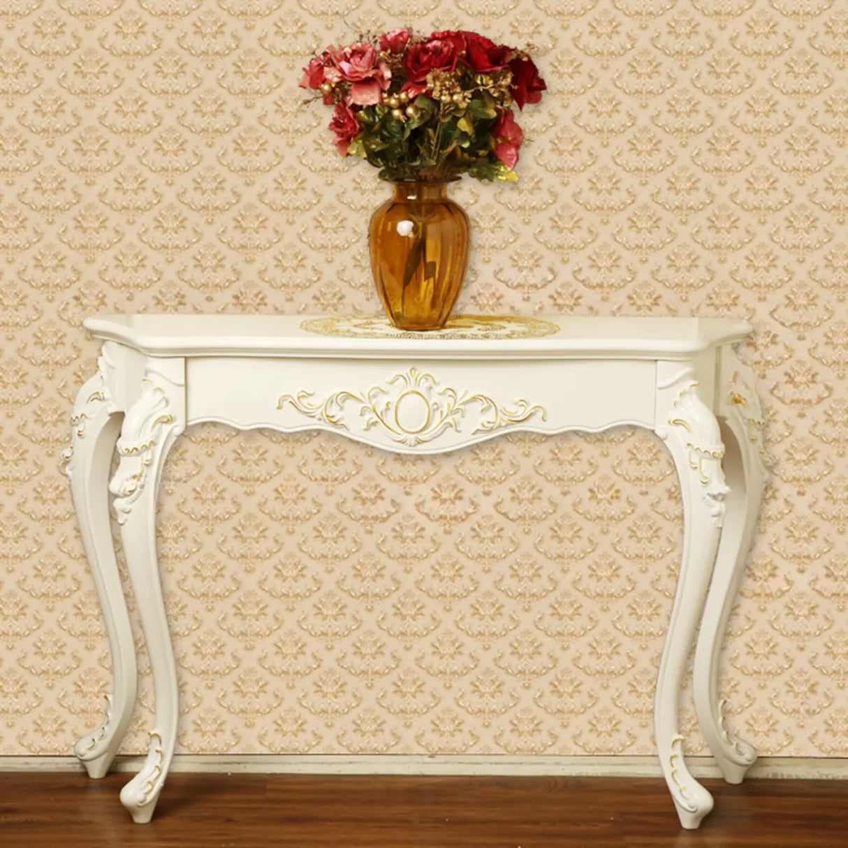 Elegant Curved Wood Cream Free Form Narrow Console Table Image - 17