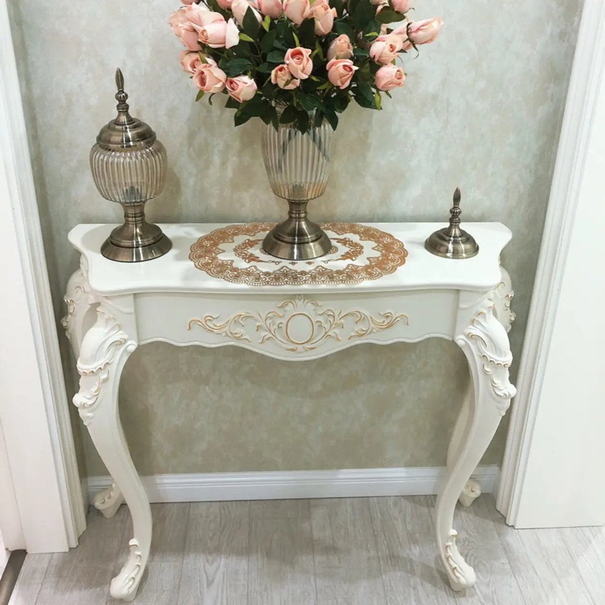 Elegant Curved Wood Cream Free Form Narrow Console Table Image - 3