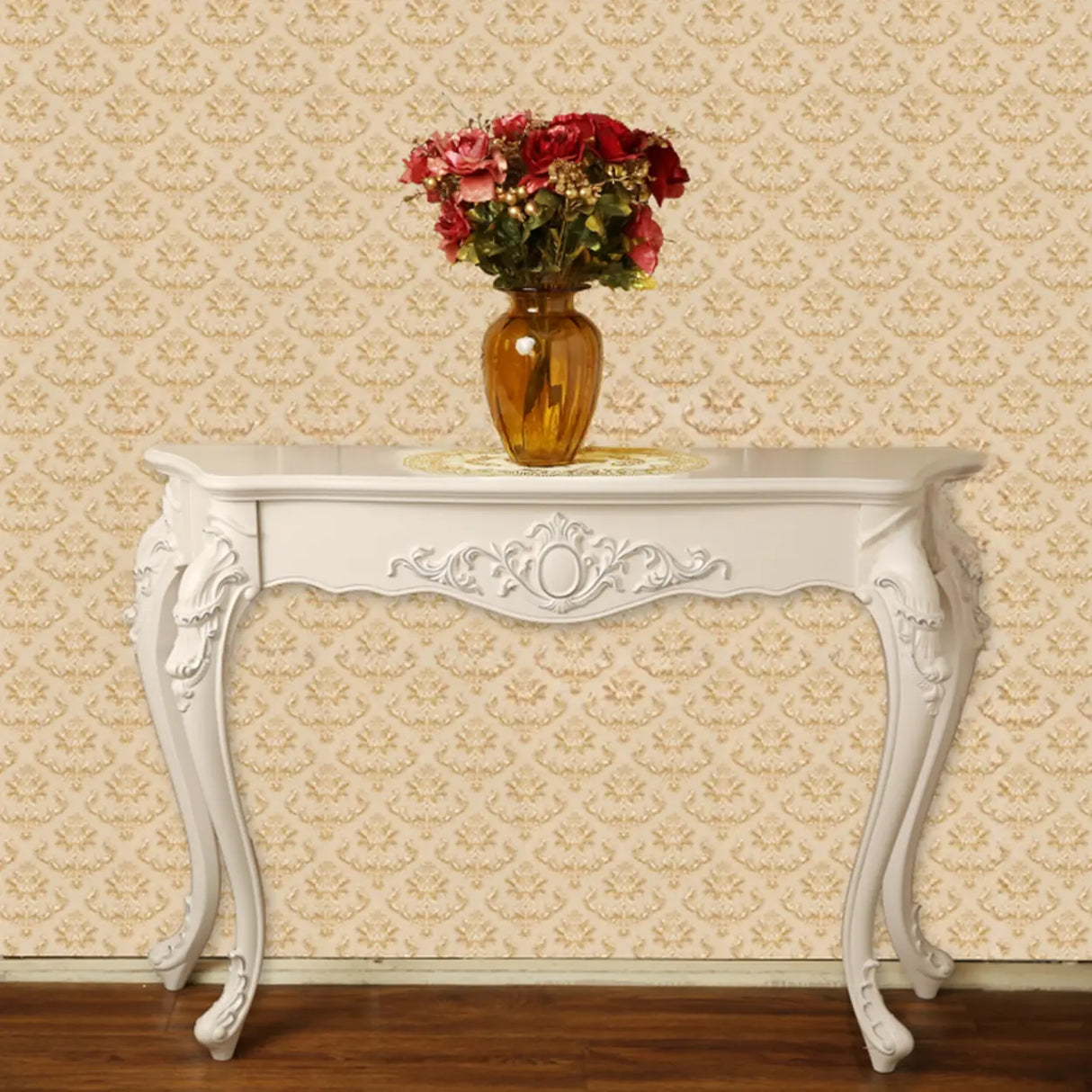 Elegant Curved Wood Cream Free Form Narrow Console Table Image - 6