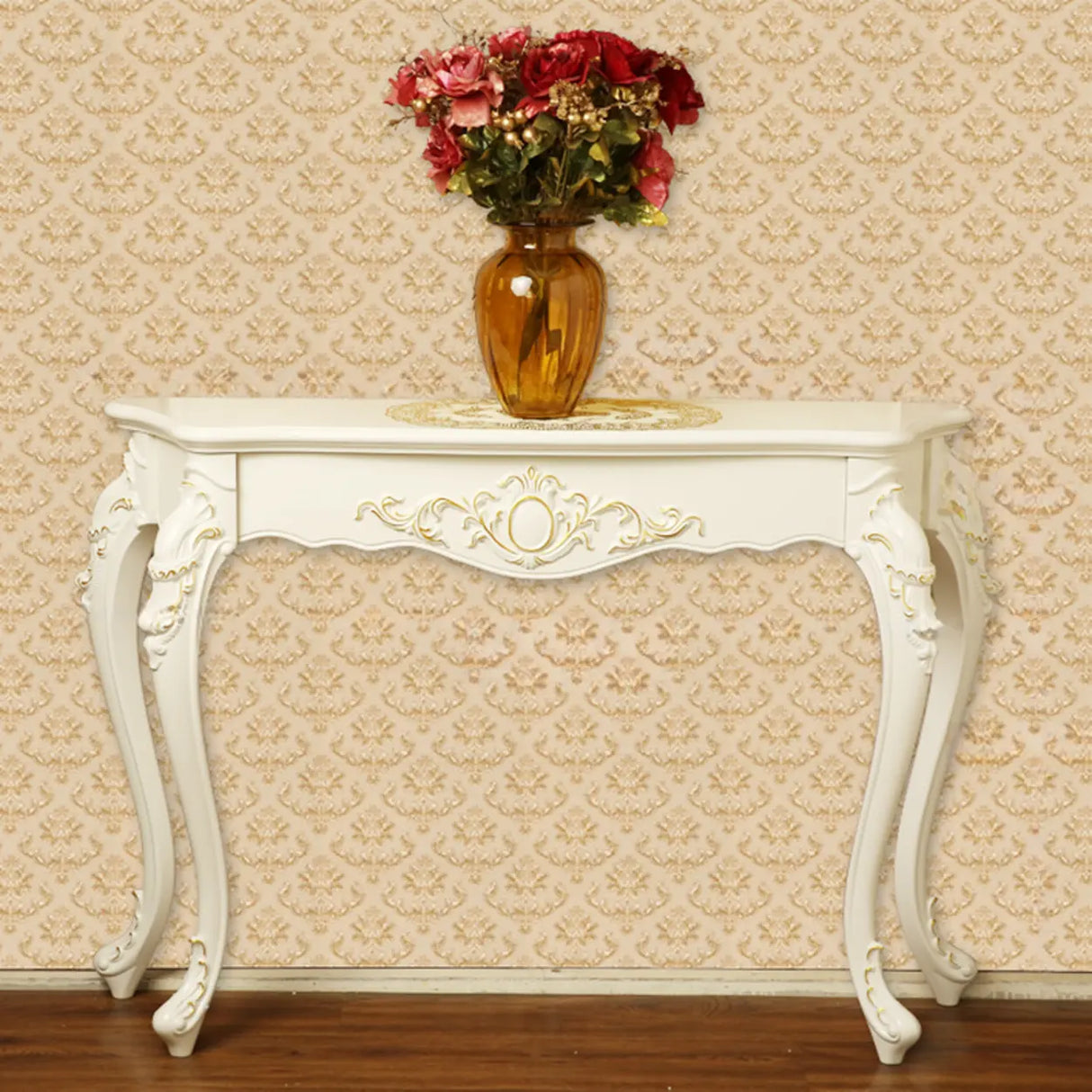 Elegant Curved Wood Cream Free Form Narrow Console Table Image - 9
