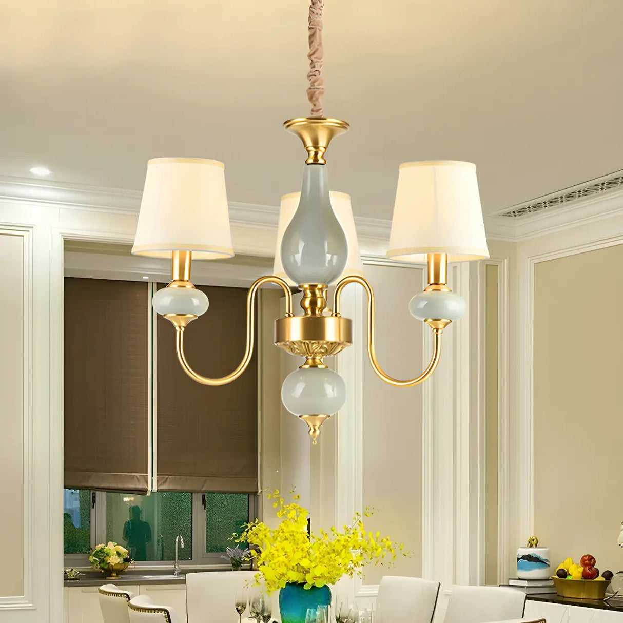 Elegant Dining Room Brass Ceramic Round Drum Chandelier Image - 1