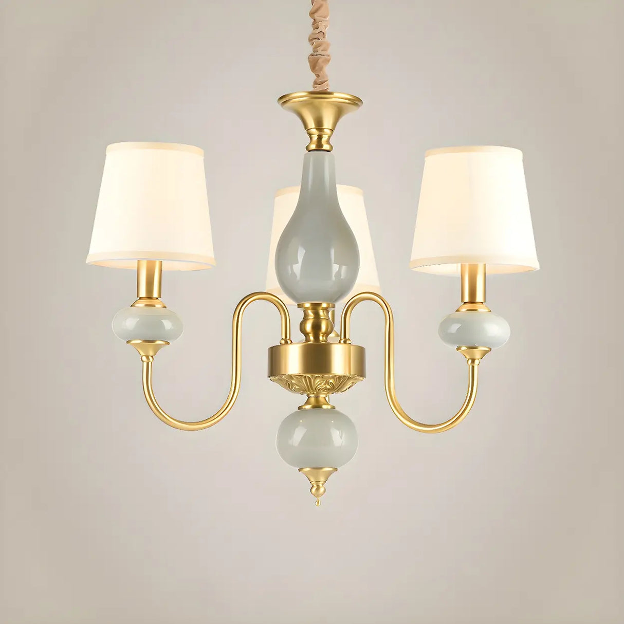 Elegant Dining Room Brass Ceramic Round Drum Chandelier Image - 2