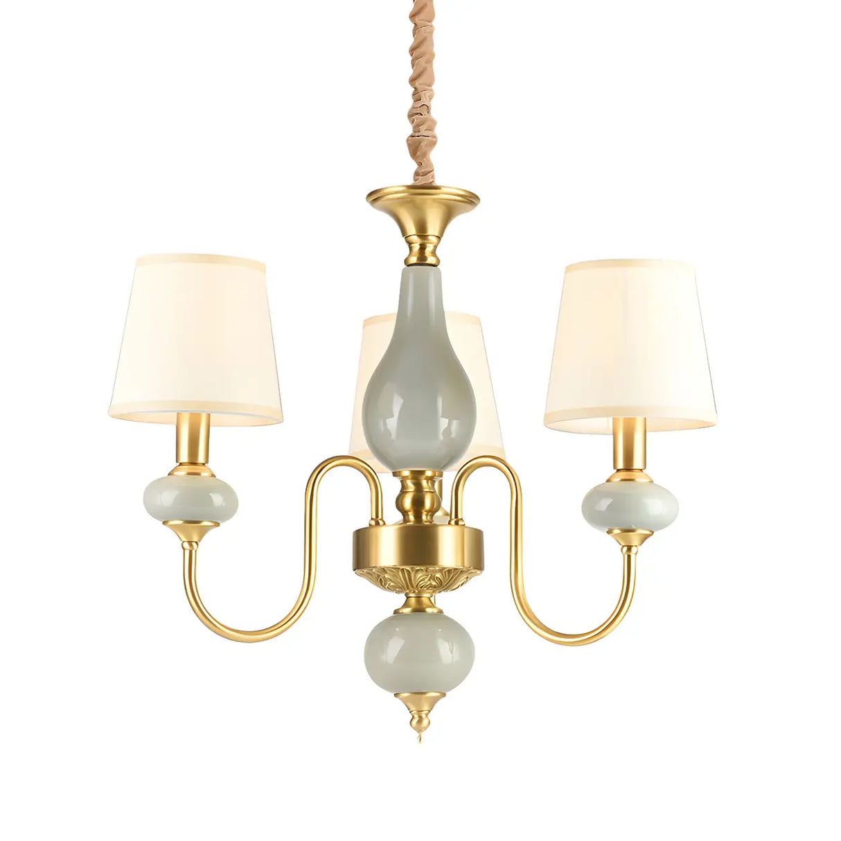 Elegant Dining Room Brass Ceramic Round Drum Chandelier Image - 3