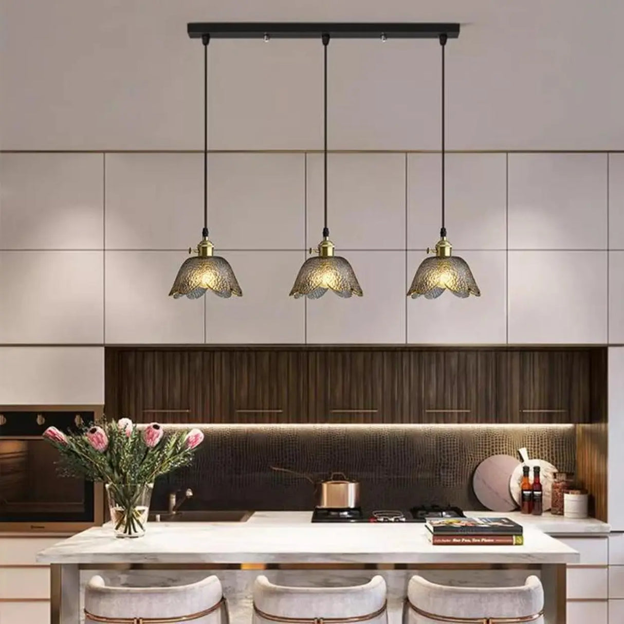 Elegant Dining Room Floral Glass Pendant Light Gold Image - 4