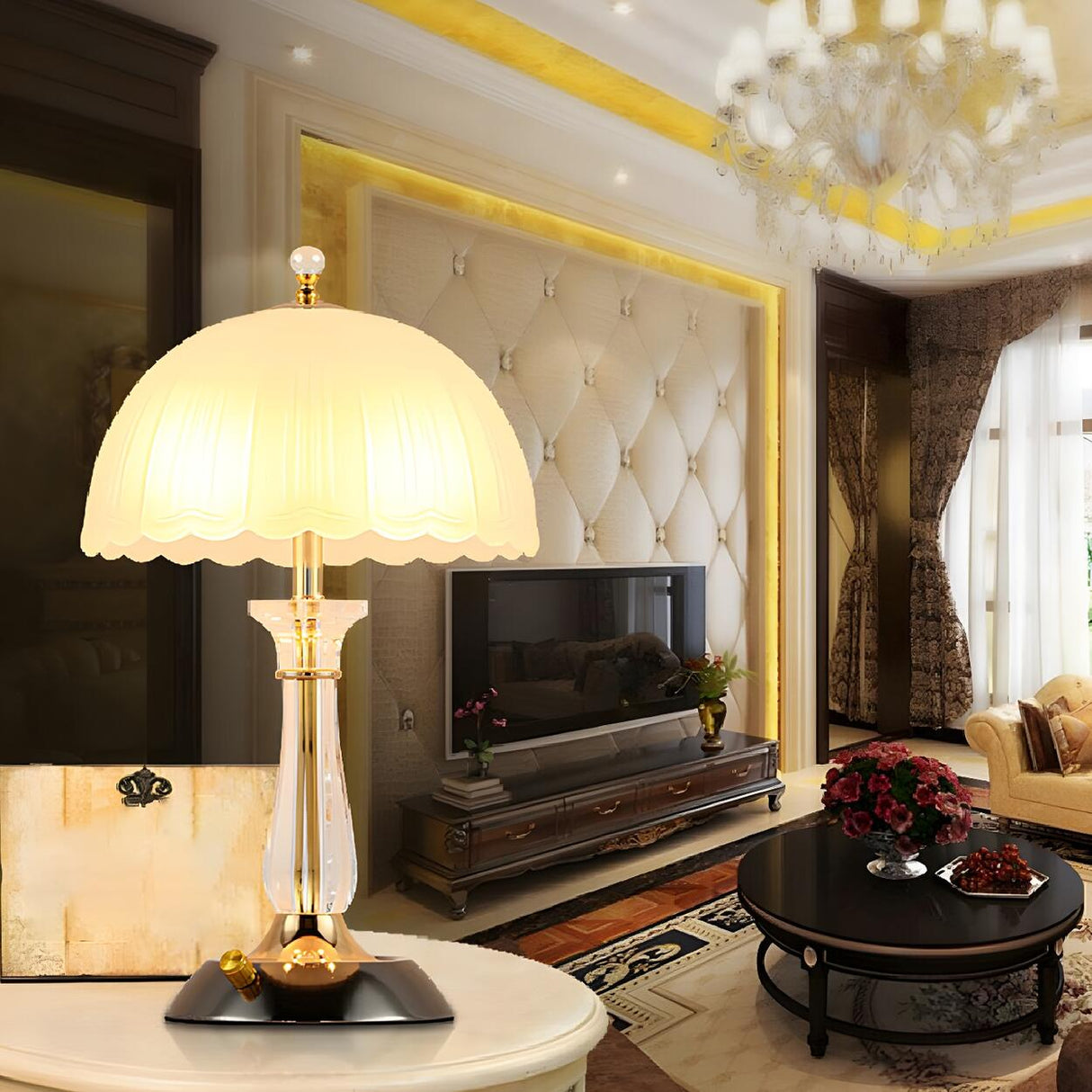Elegant Dome Frosted Glass Shade Crystal Table Lamp Image - 14
