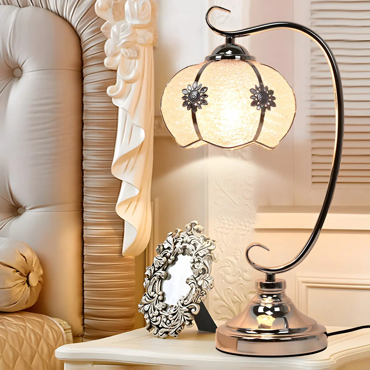 Elegant Dome Glass Shade Curved Metal Arm Table Lamp Image - 1