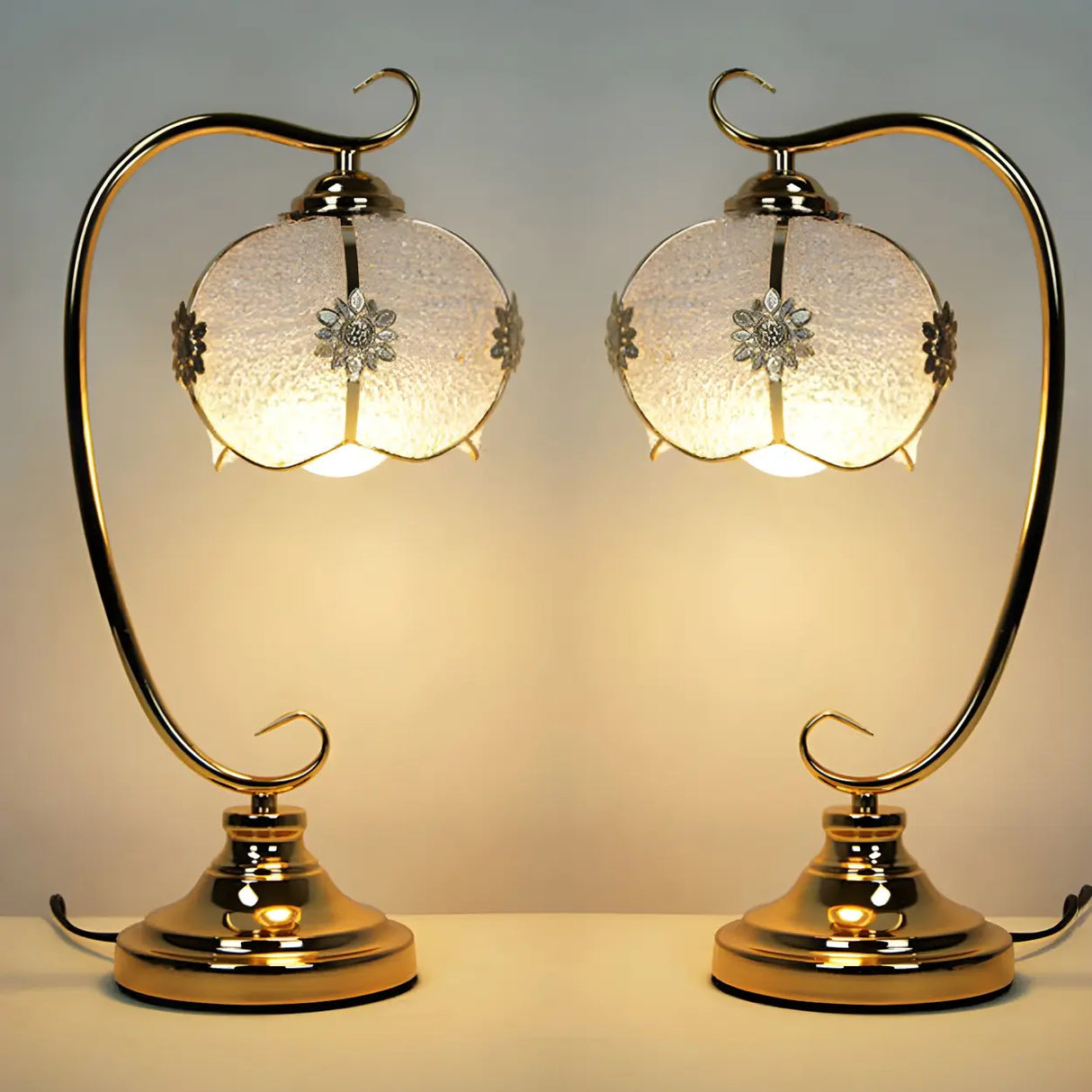 Elegant Dome Glass Shade Curved Metal Arm Table Lamp Image - 11