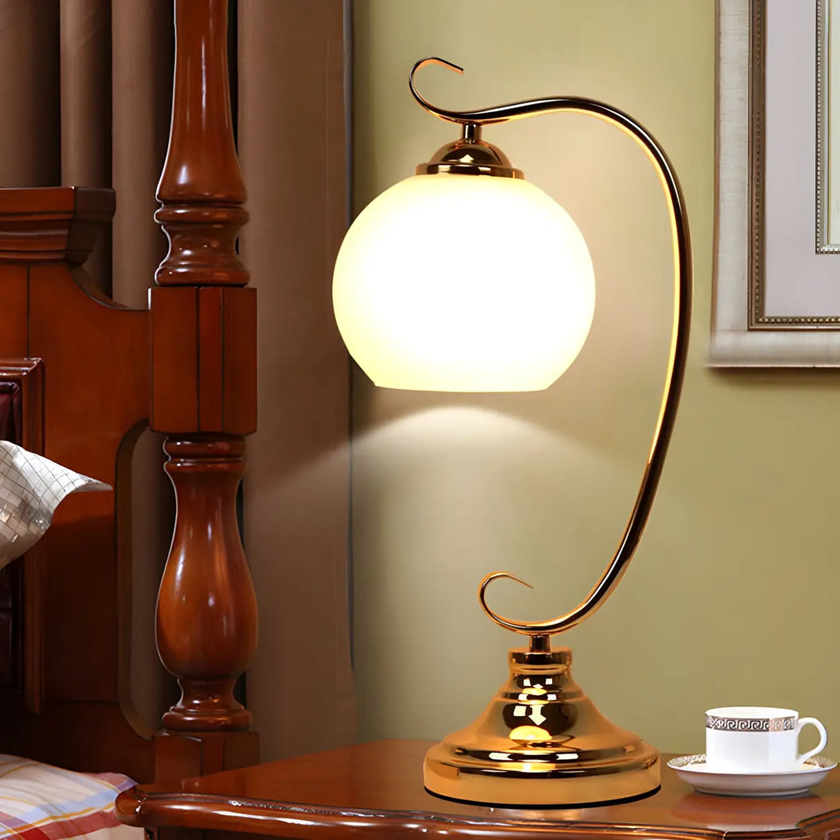 Elegant Dome Glass Shade Curved Metal Arm Table Lamp Image - 2