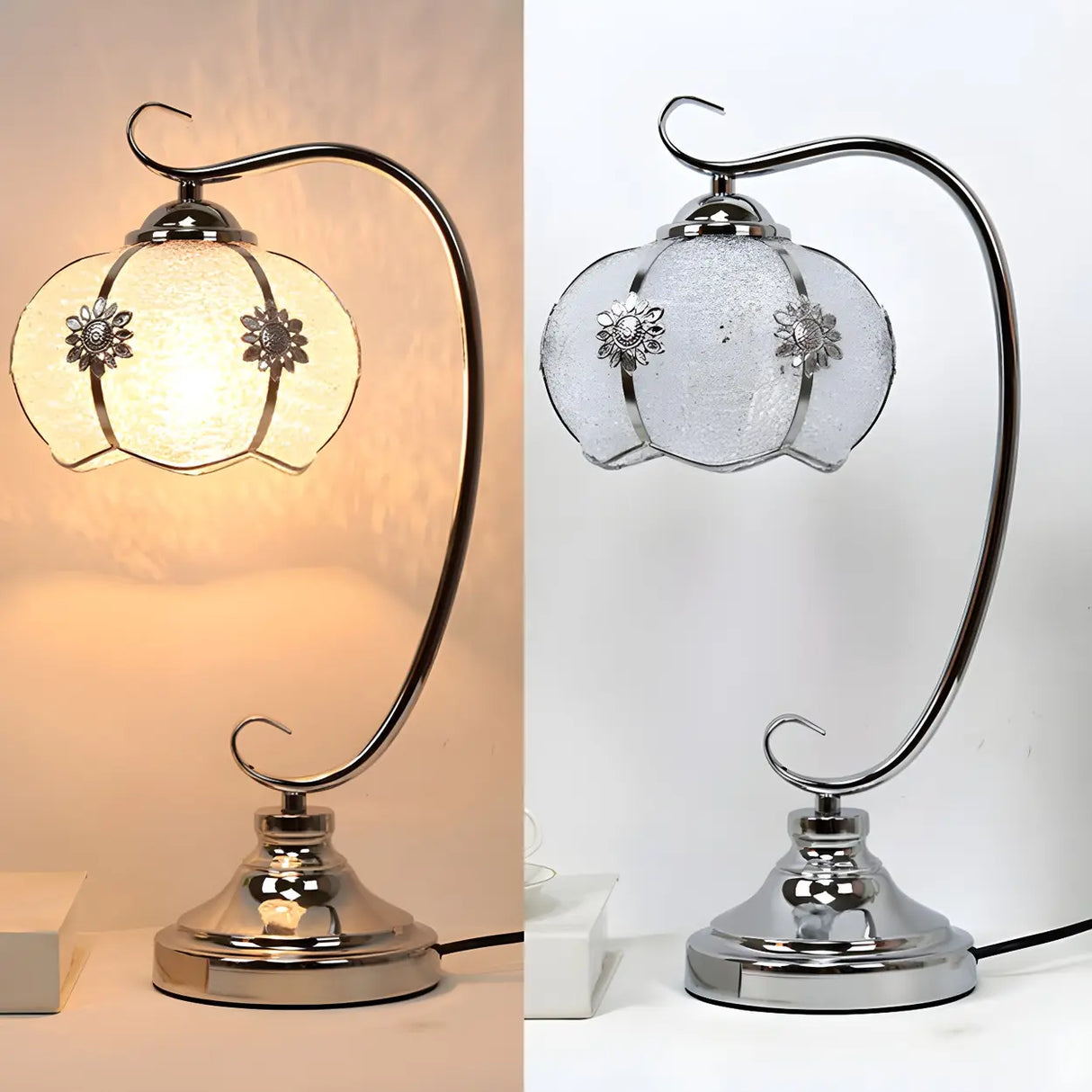 Elegant Dome Glass Shade Curved Metal Arm Table Lamp Image - 3