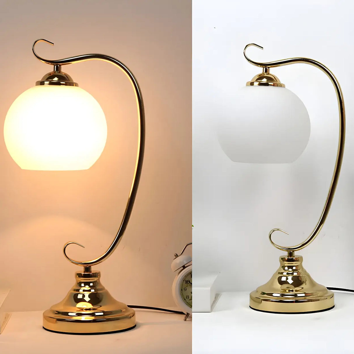 Elegant Dome Glass Shade Curved Metal Arm Table Lamp Image - 4