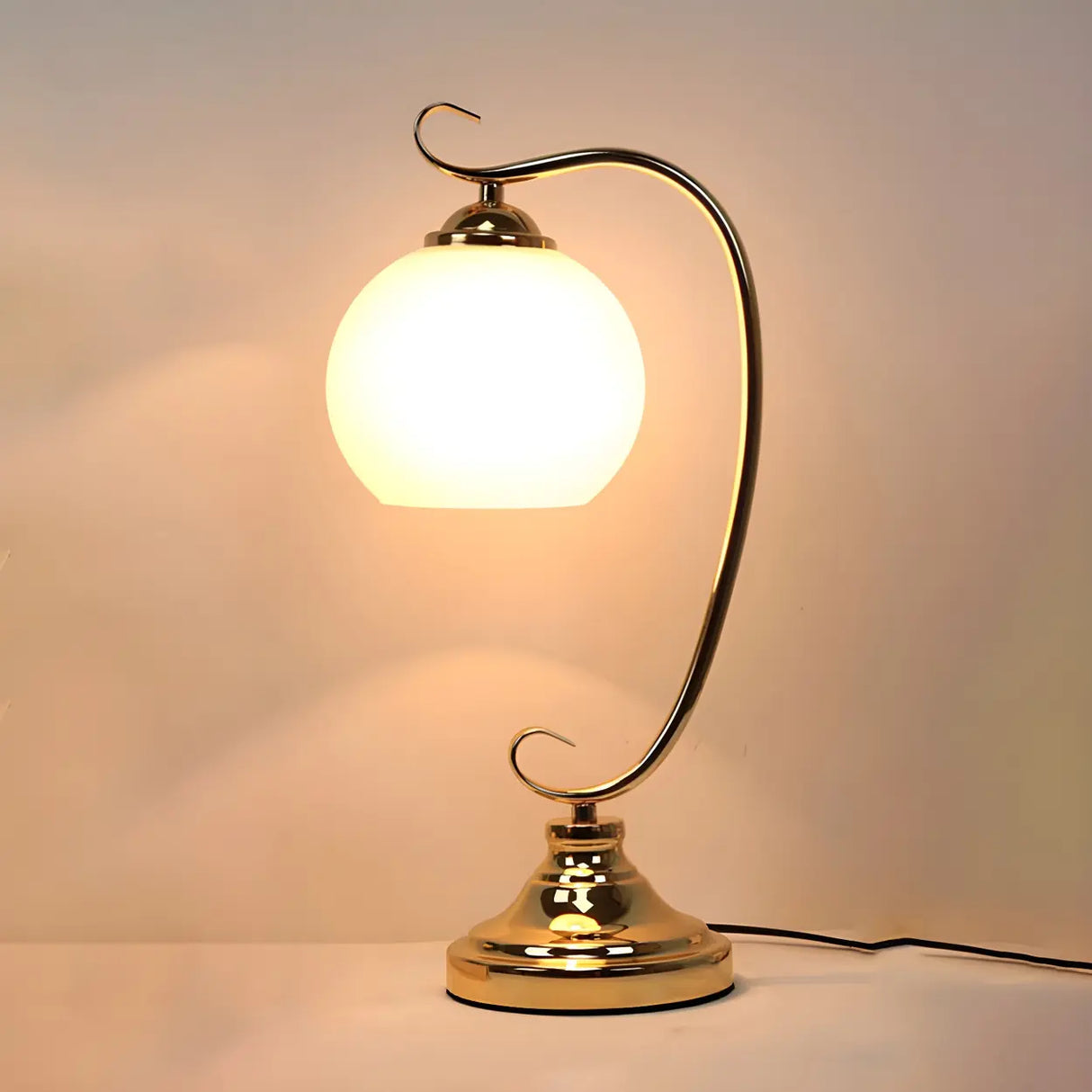 Elegant Dome Glass Shade Curved Metal Arm Table Lamp Image - 6