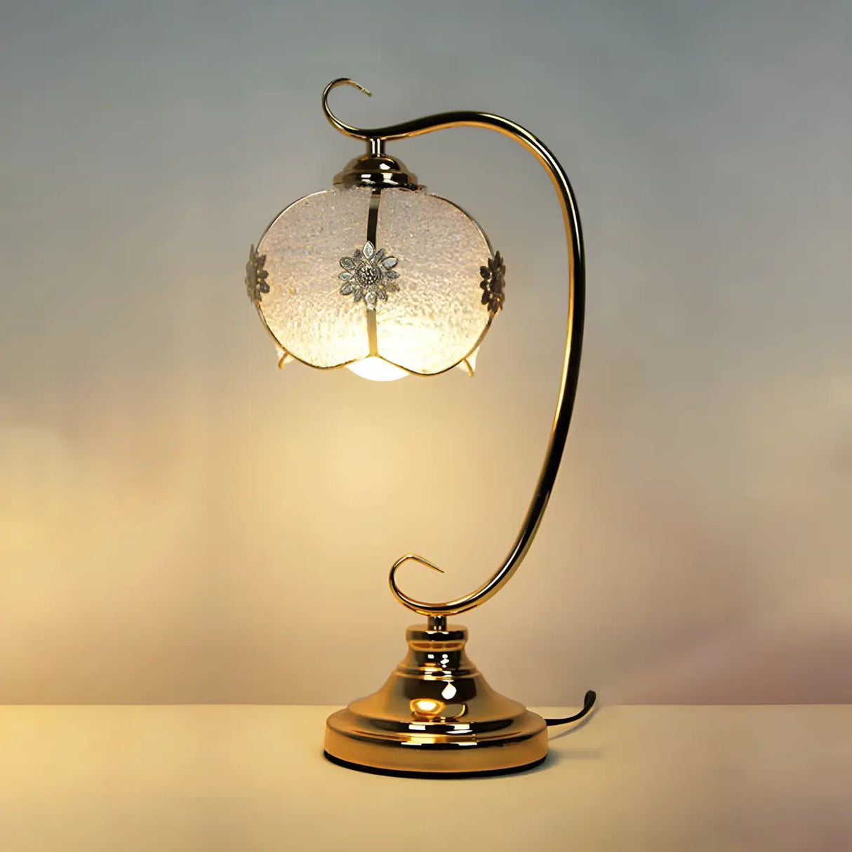 Elegant Dome Glass Shade Curved Metal Arm Table Lamp Image - 7