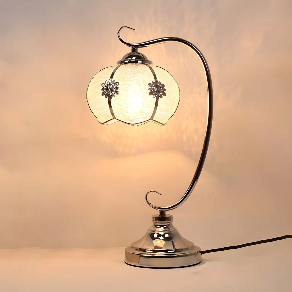 Elegant Dome Glass Shade Curved Metal Arm Table Lamp Image - 8