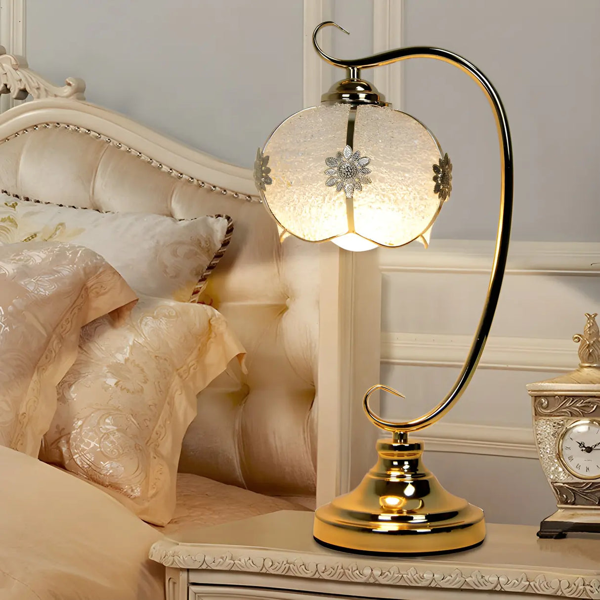 Elegant Dome Glass Shade Curved Metal Arm Table Lamp Image - 9