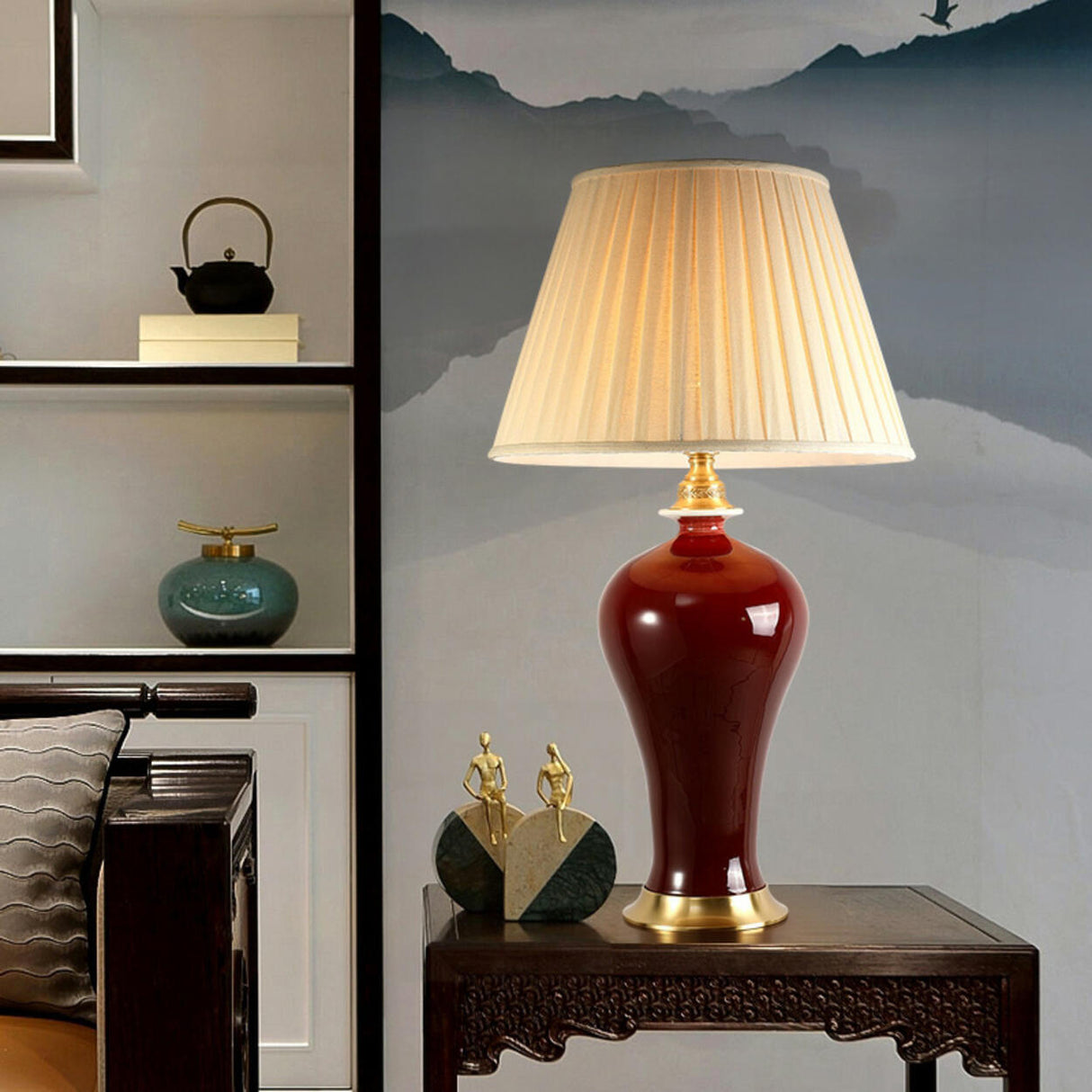 Elegant Drum-Shaped Red Geometric Ceramic Table Lamp Image - 2