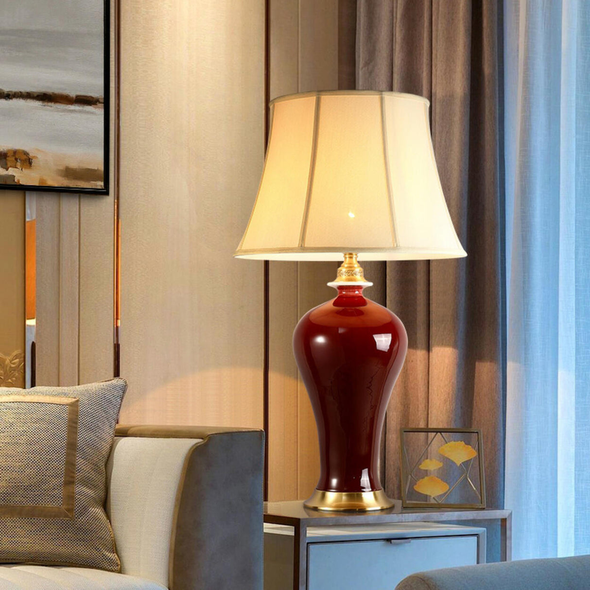 Elegant Drum-Shaped Red Geometric Ceramic Table Lamp Image - 3