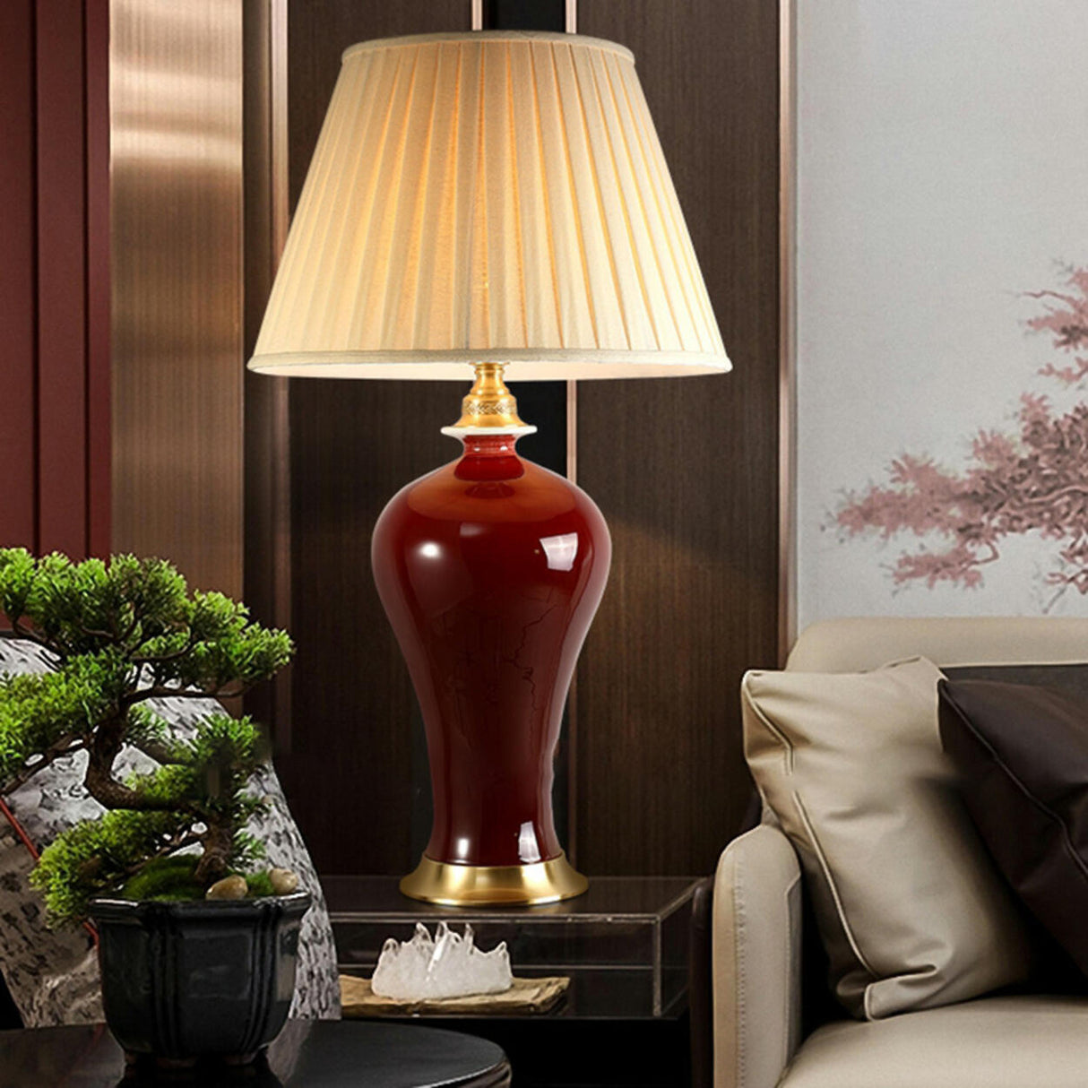 Elegant Drum-Shaped Red Geometric Ceramic Table Lamp Image - 4
