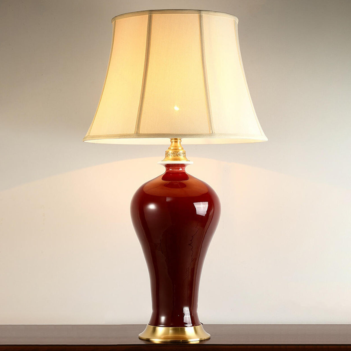 Elegant Drum-Shaped Red Geometric Ceramic Table Lamp Image - 8