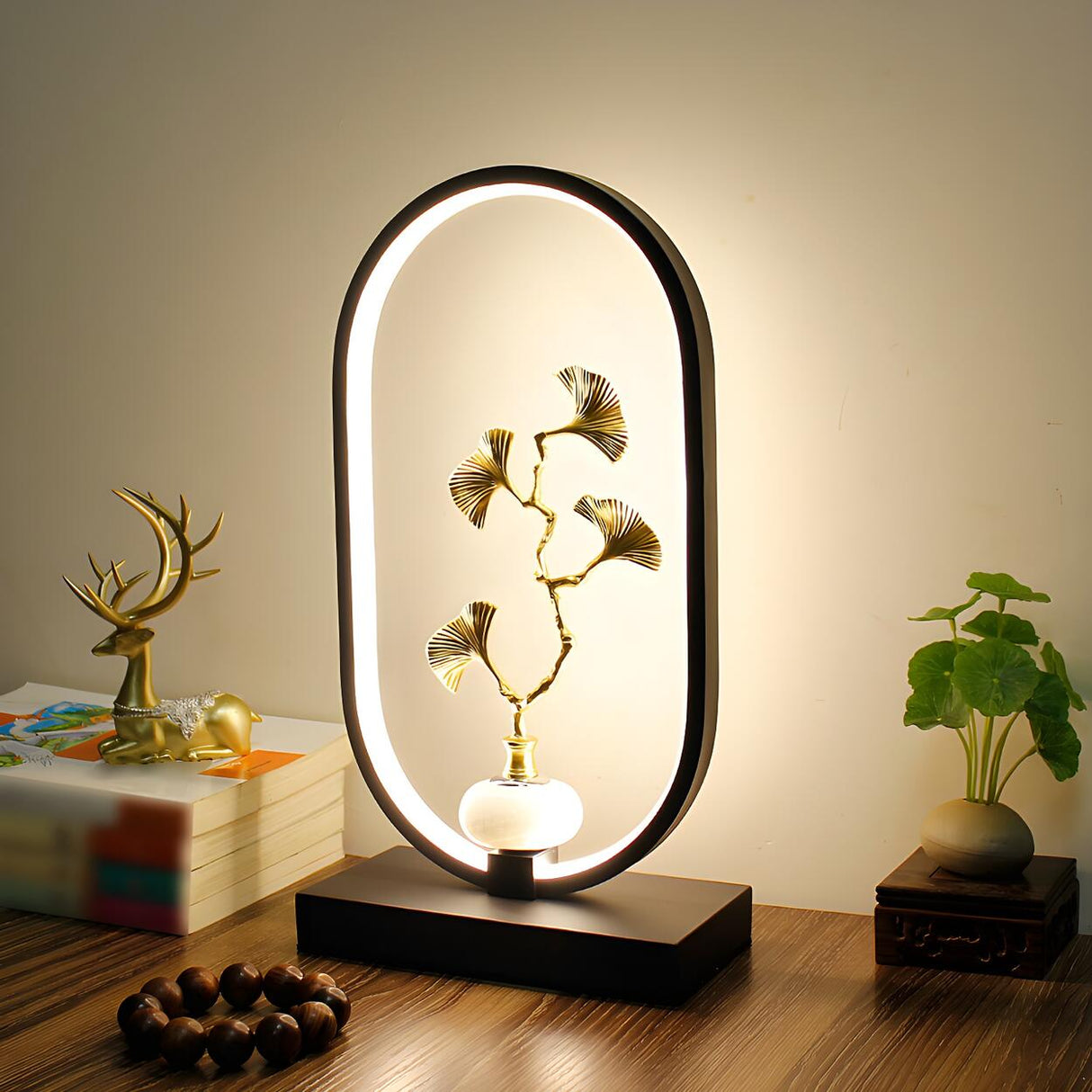Elegant Floral Design Oval Frame LED Decor Table Lamp Image - 3