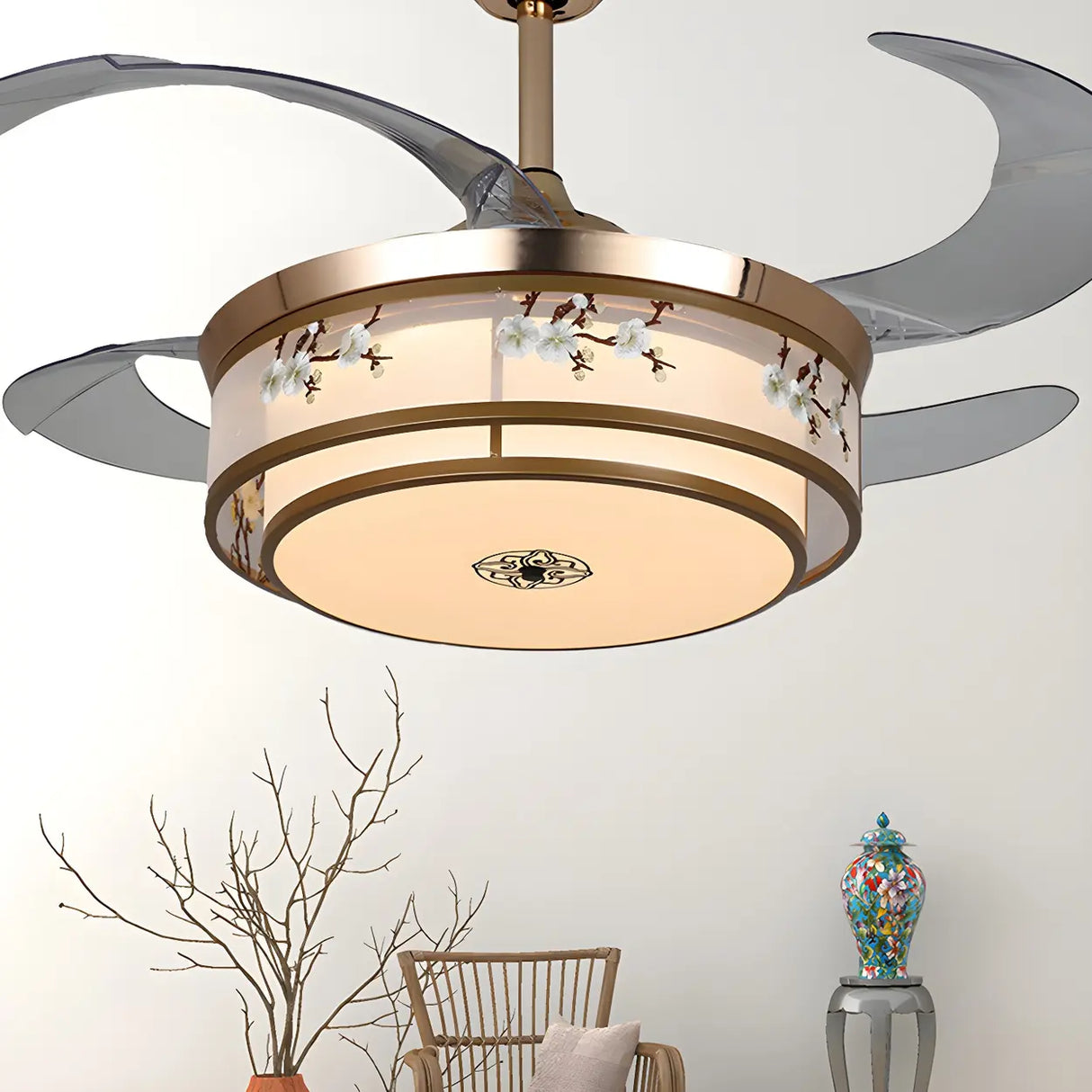 Elegant Floral Drum LED Modern Ceiling Fan with Light Image - 2