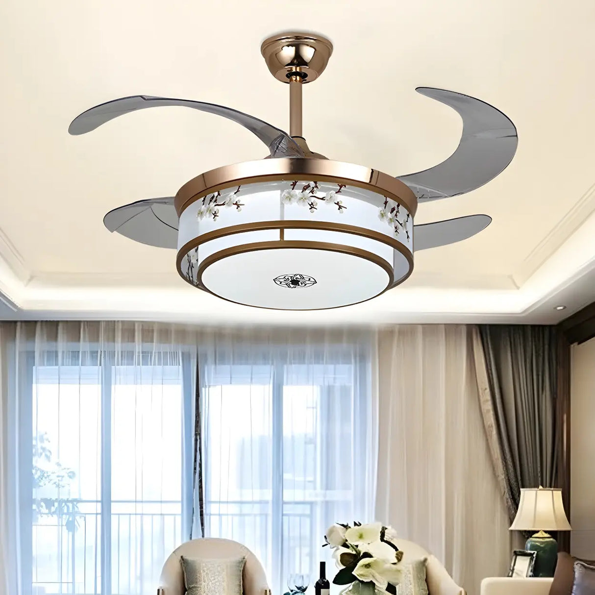 Elegant Floral Drum LED Modern Ceiling Fan with Light Image - 3