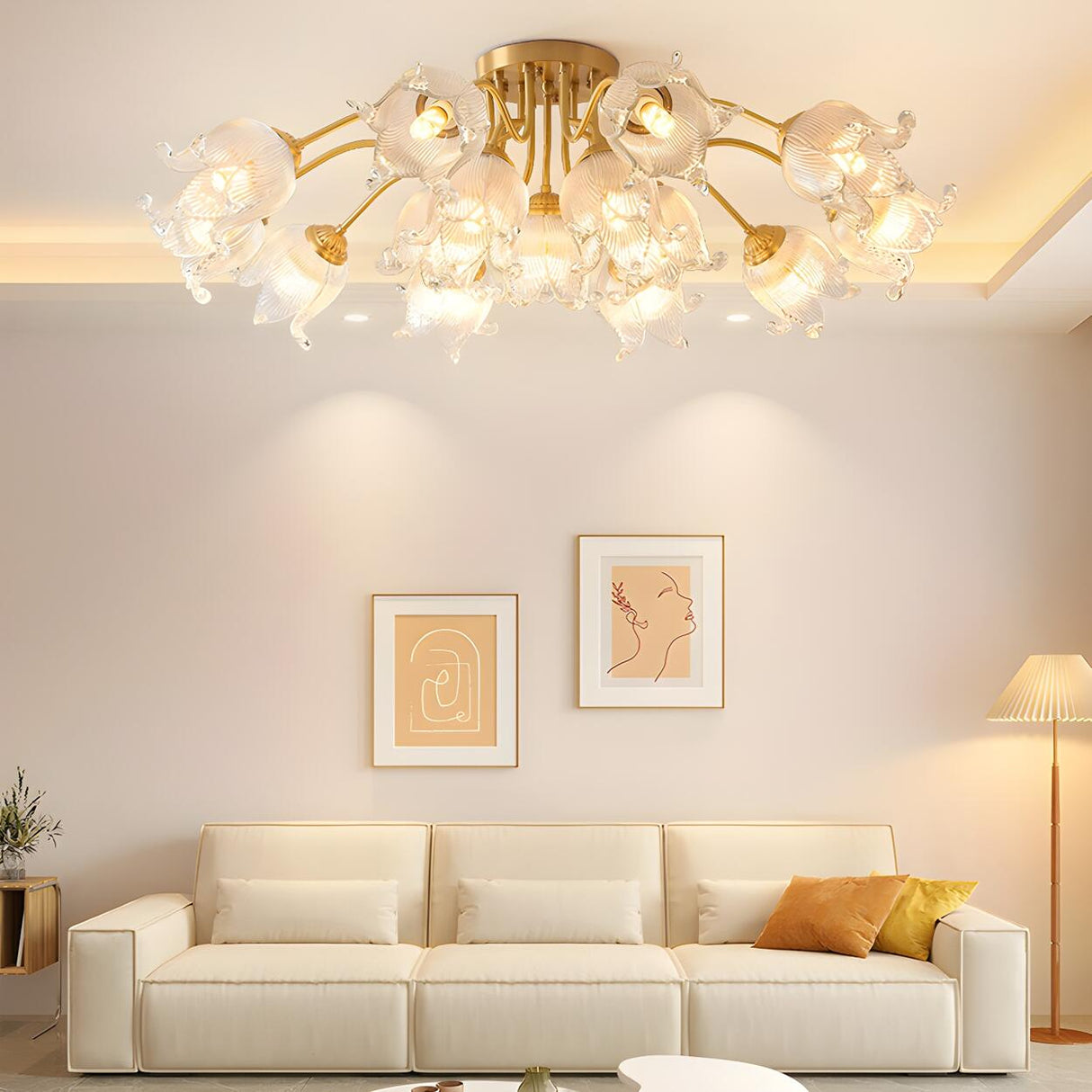 Elegant Floral Glass Semi-Flush Mount Light 12-Light Image - 4