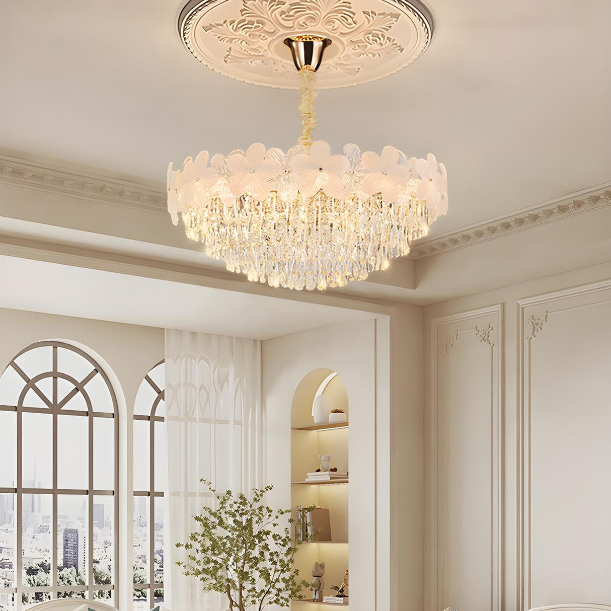 Elegant Floral Living Room Crystal Chandelier Image - 3
