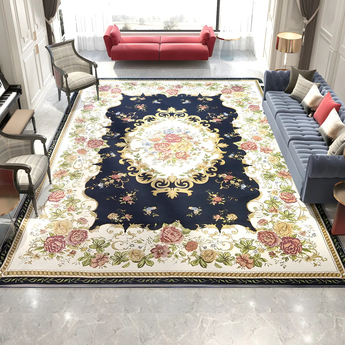 Elegant Floral Rectangular Polyester Black Area Rug Image - 1