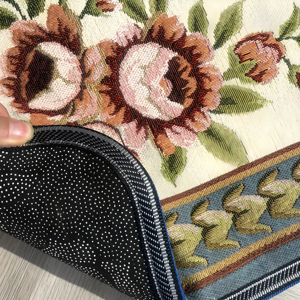 Elegant Floral Rectangular Polyester Black Area Rug Image - 10