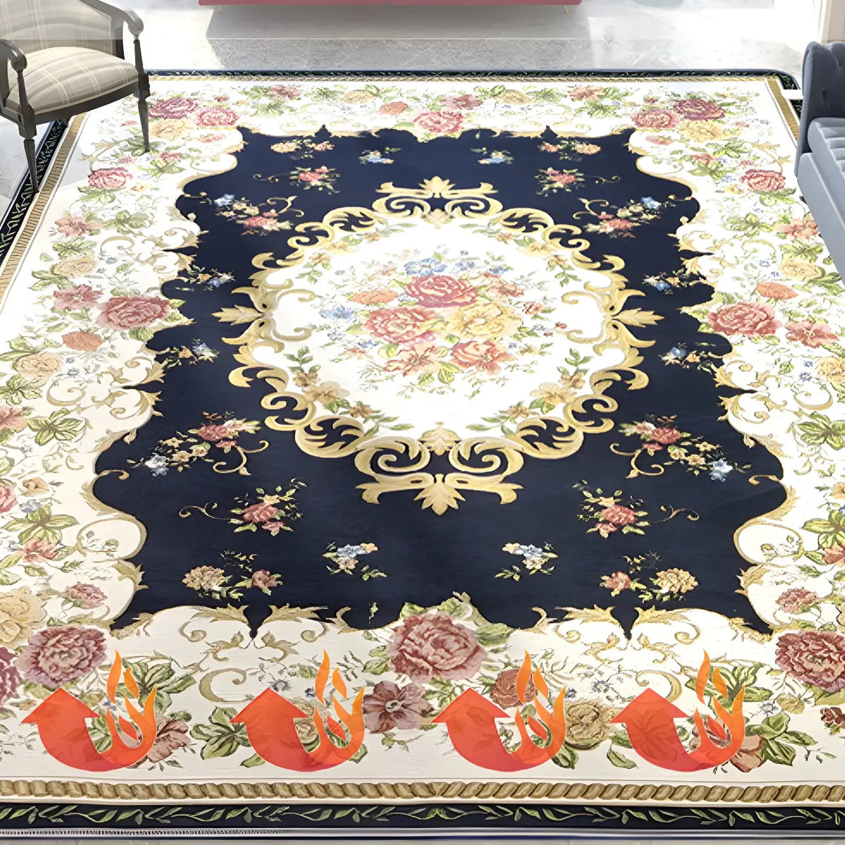 Elegant Floral Rectangular Polyester Black Area Rug Image - 16