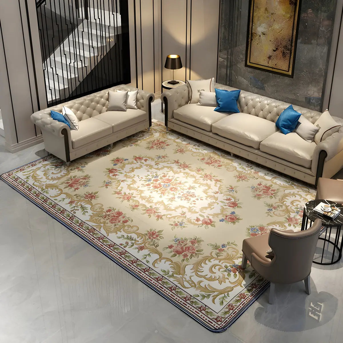 Elegant Floral Rectangular Polyester Black Area Rug Image - 2