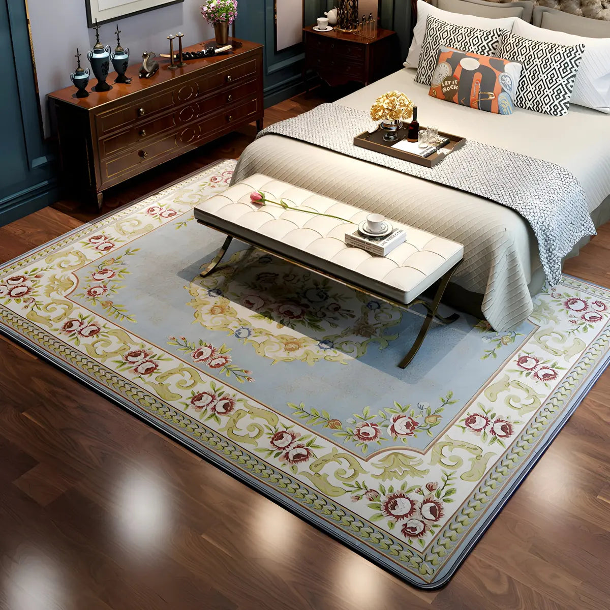 Elegant Floral Rectangular Polyester Black Area Rug Image - 5