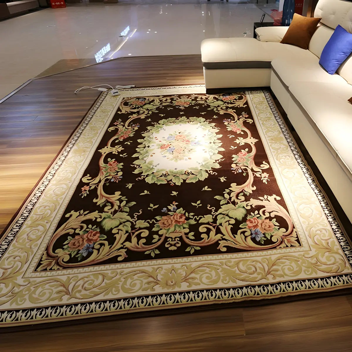 Elegant Floral Rectangular Polyester Black Area Rug Image - 7