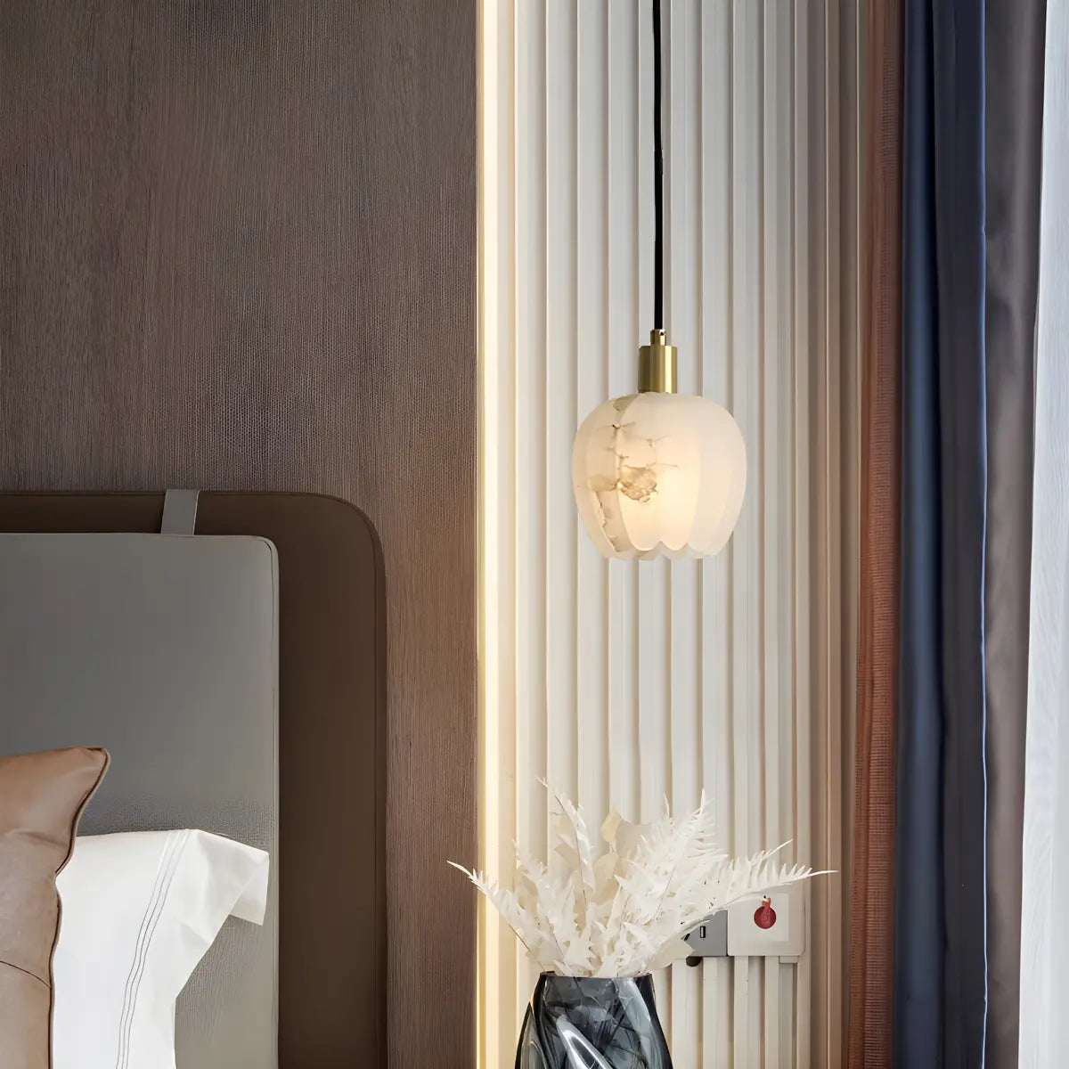 Elegant Flower Bud Alabaster White Mini Pendant Light Image - 14