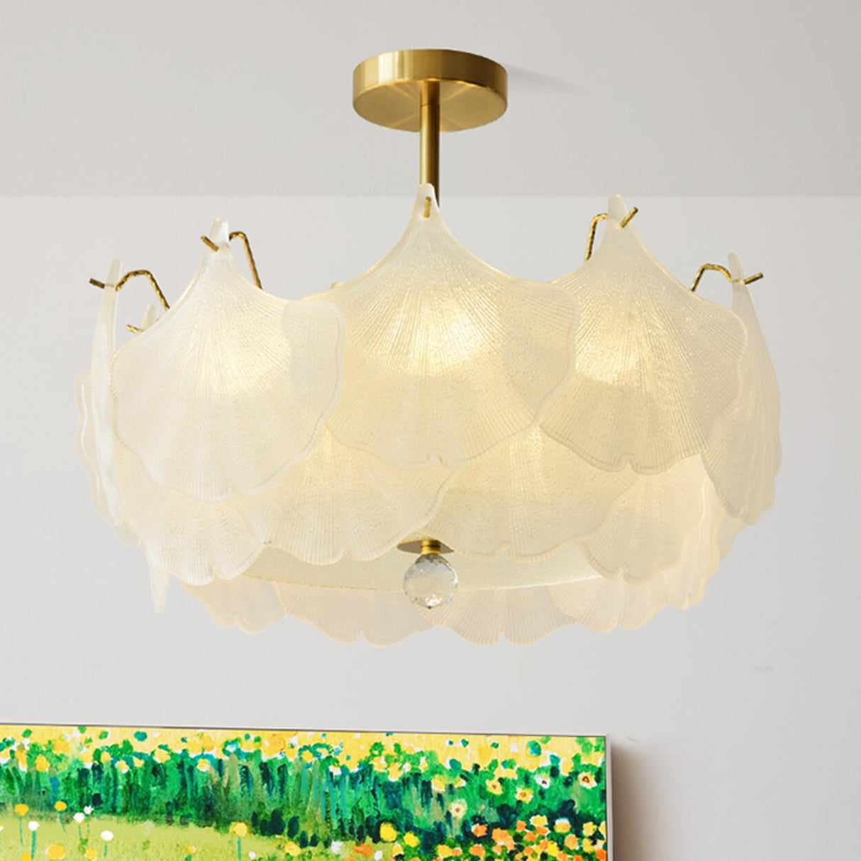 Elegant Ginkgo Leaf Gold Glass Semi-Flush Ceiling Light Image - 1