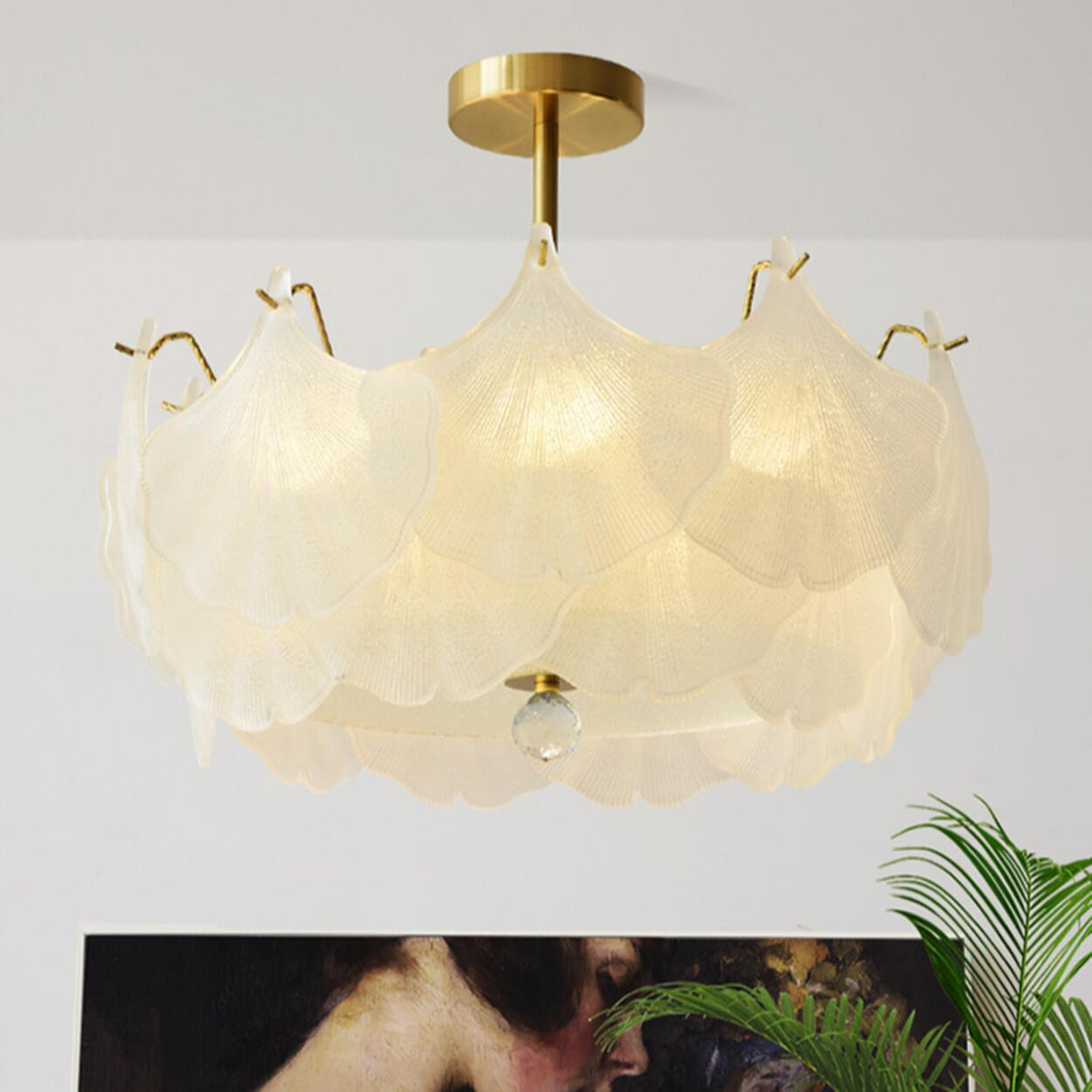 Elegant Ginkgo Leaf Gold Glass Semi-Flush Ceiling Light Image - 4