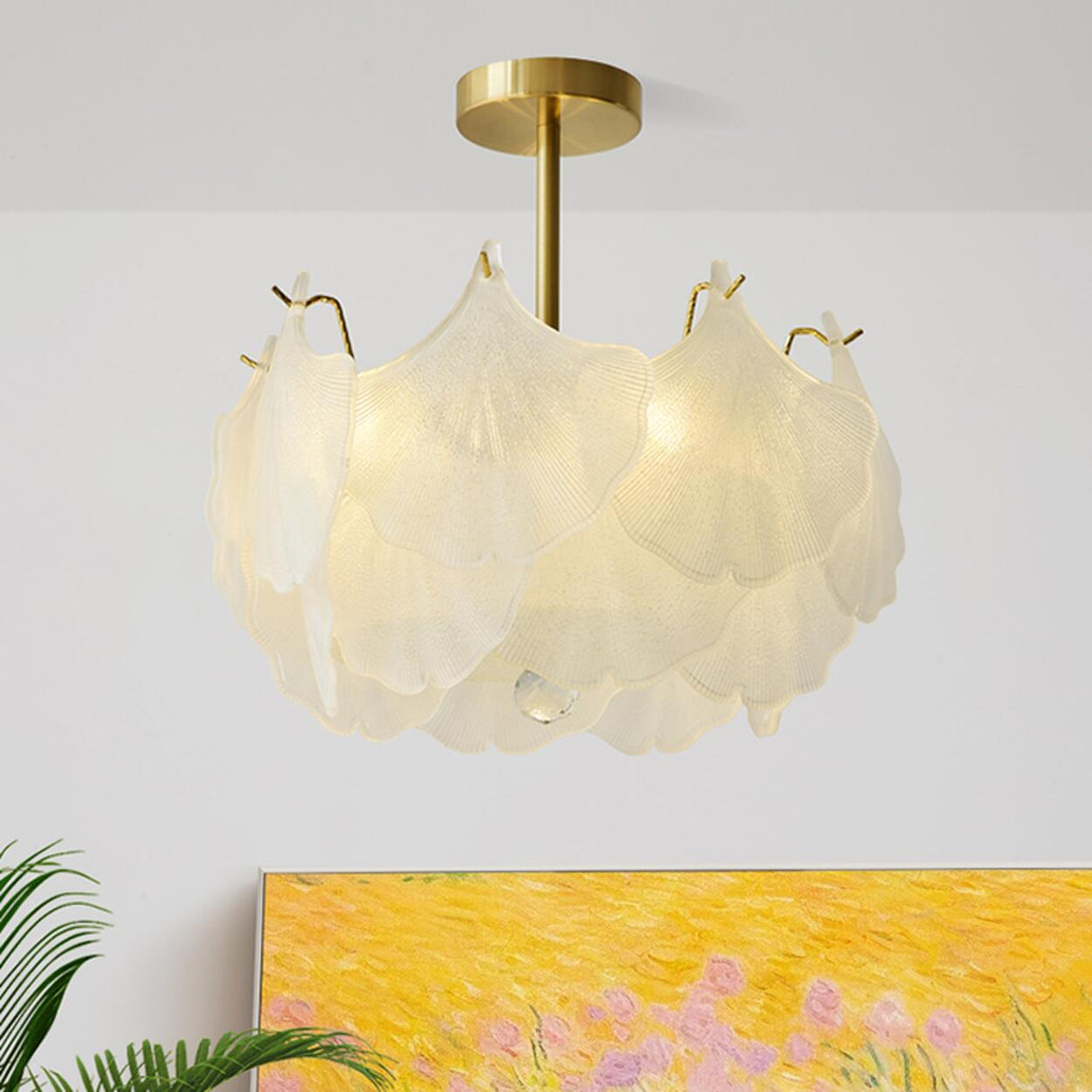 Elegant Ginkgo Leaf Gold Glass Semi-Flush Ceiling Light Image - 6