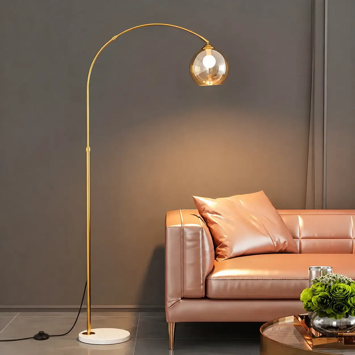 Elegant Glass Globe Gold Arc Metal LED Floor Lamp Image - 1