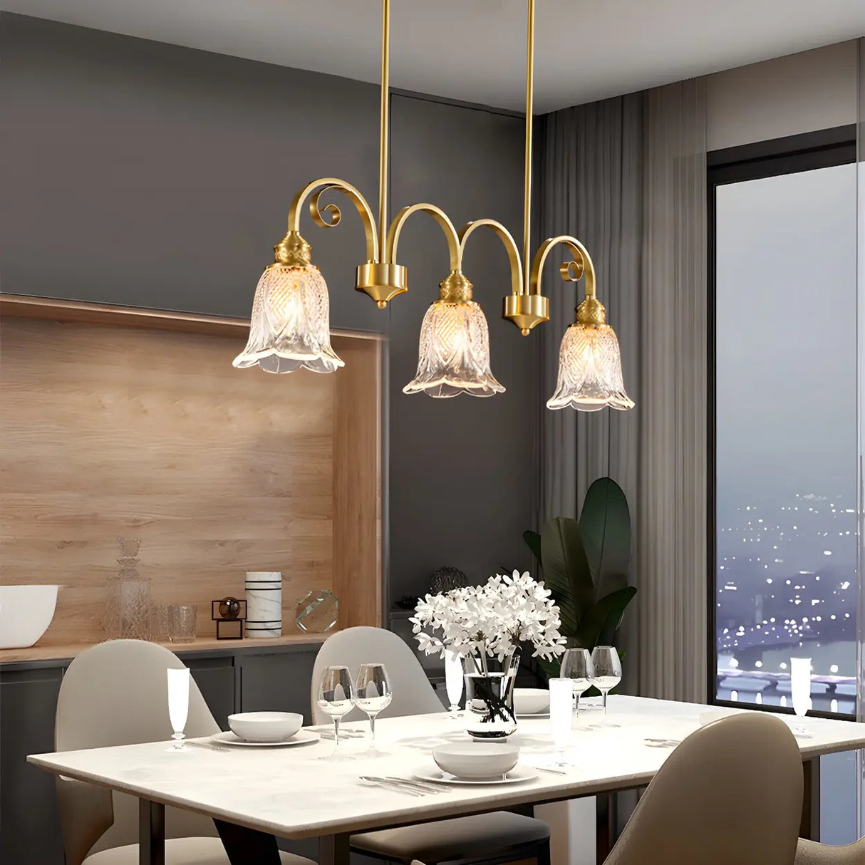 Elegant Gold and Glass Flower Kitchen Island Light Image - 10