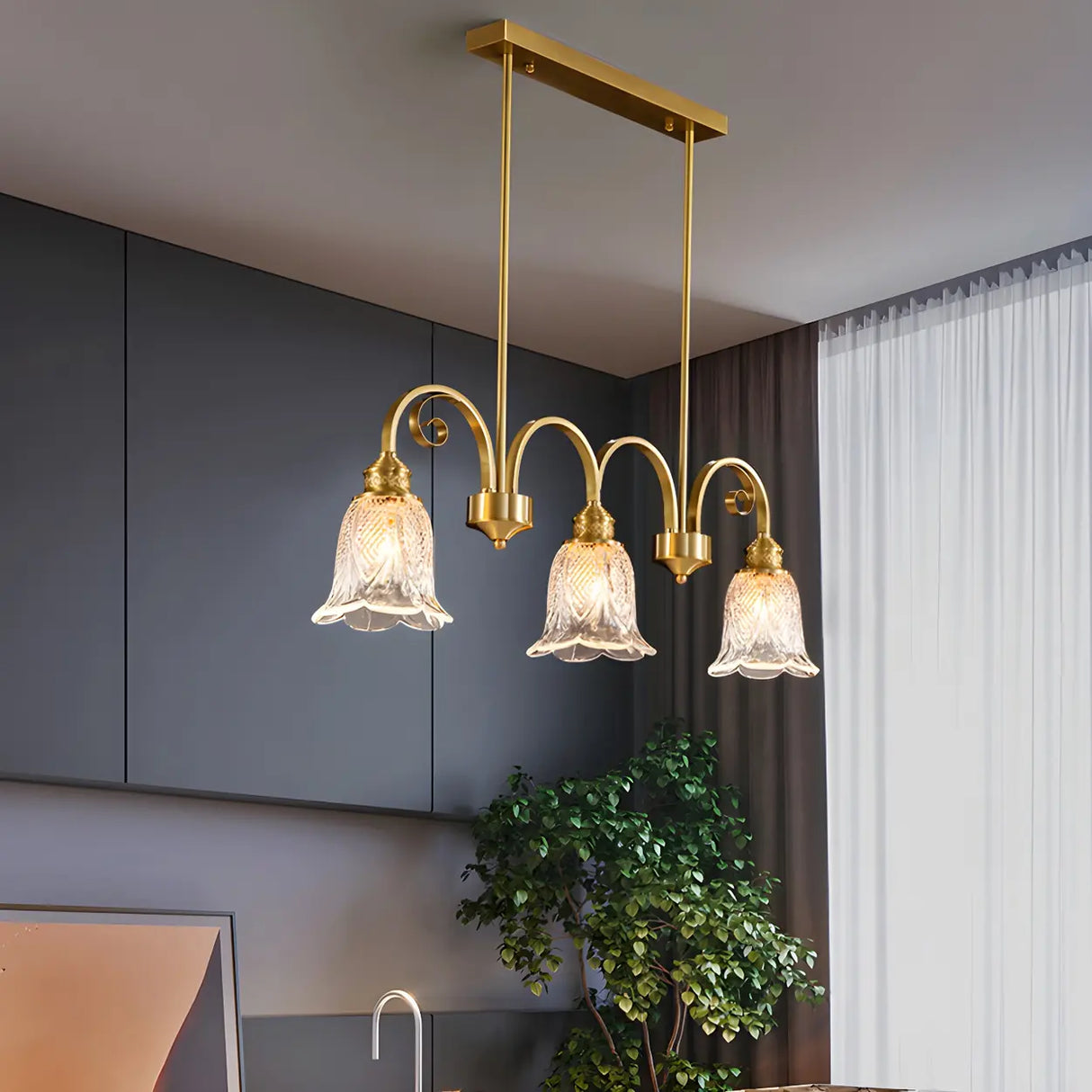 Elegant Gold and Glass Flower Kitchen Island Light Image - 3