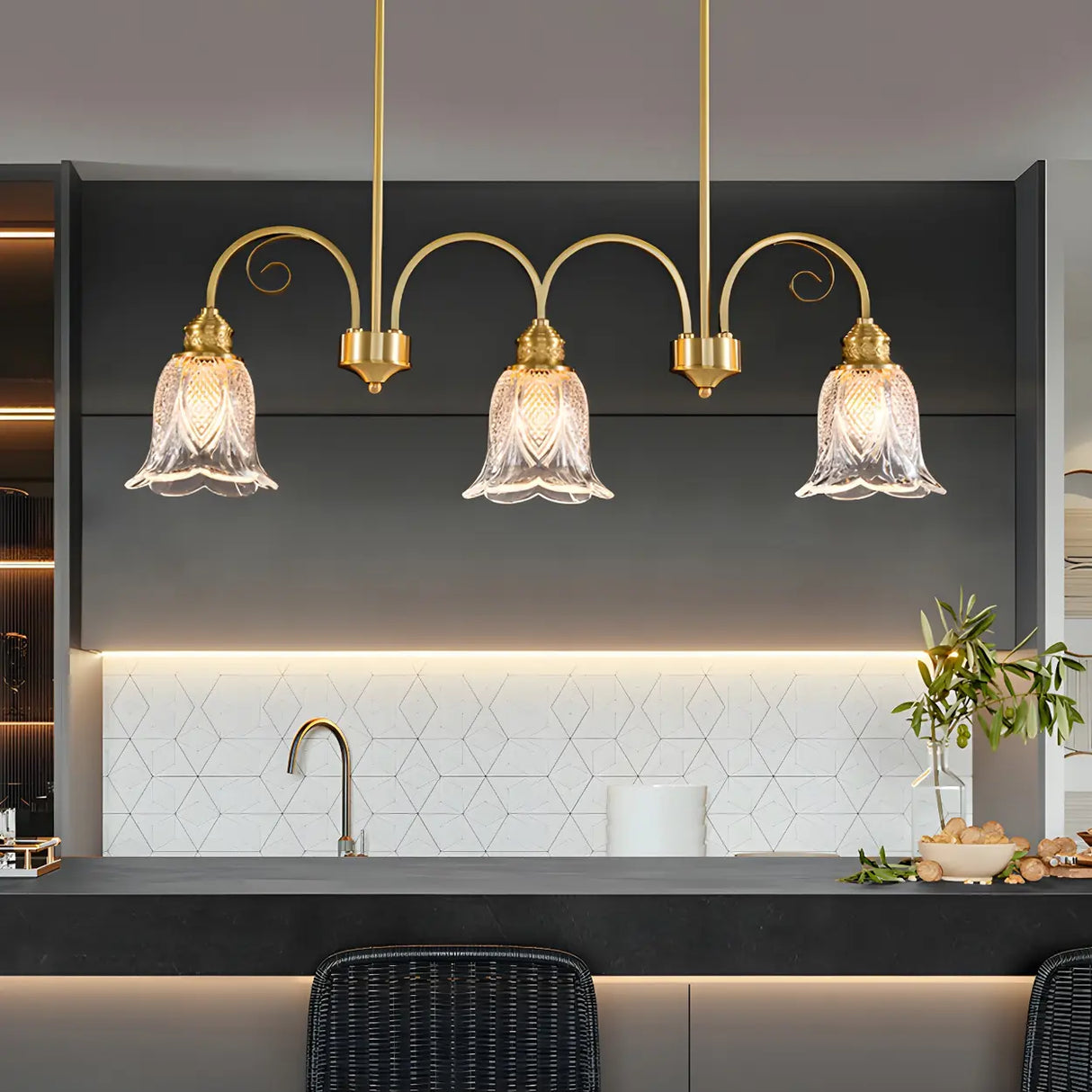 Elegant Gold and Glass Flower Kitchen Island Light Image - 9