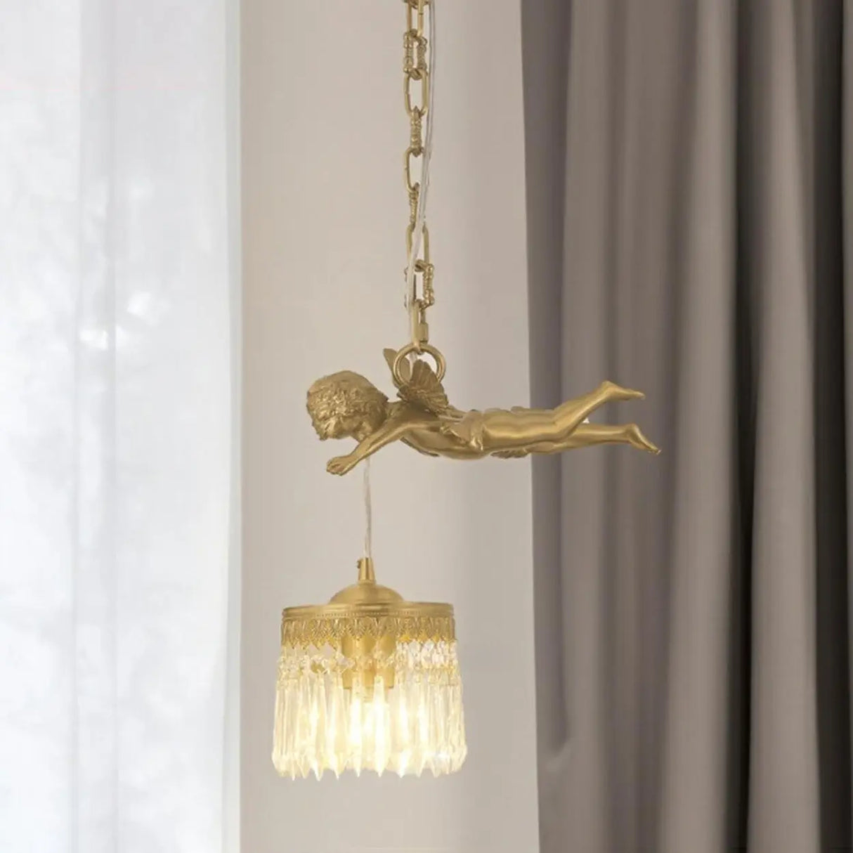 Elegant Gold Angel Crystal Adjustable Height Pendant Light Image - 1