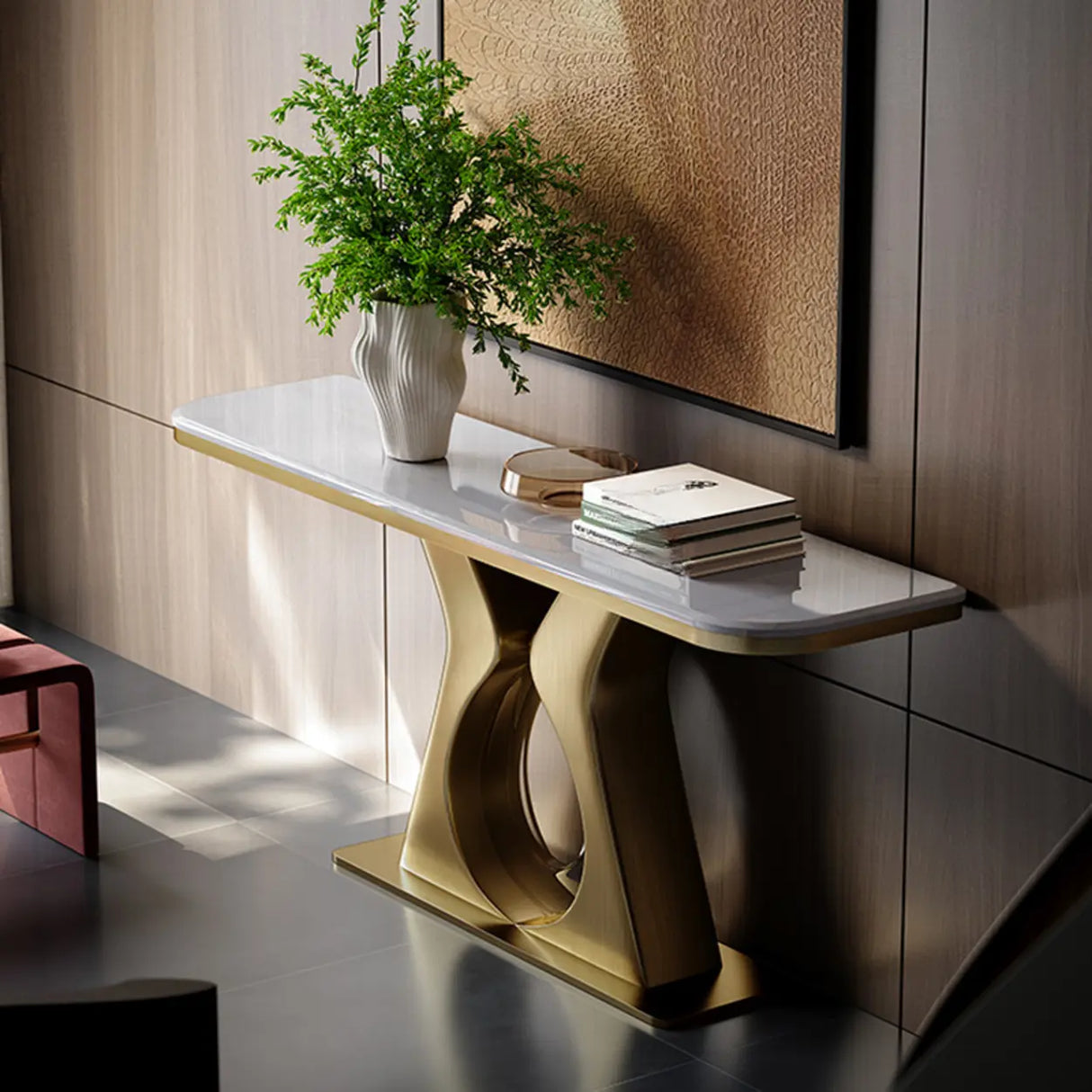 Elegant Gold Base Marble Rectangular Console Table Image - 1