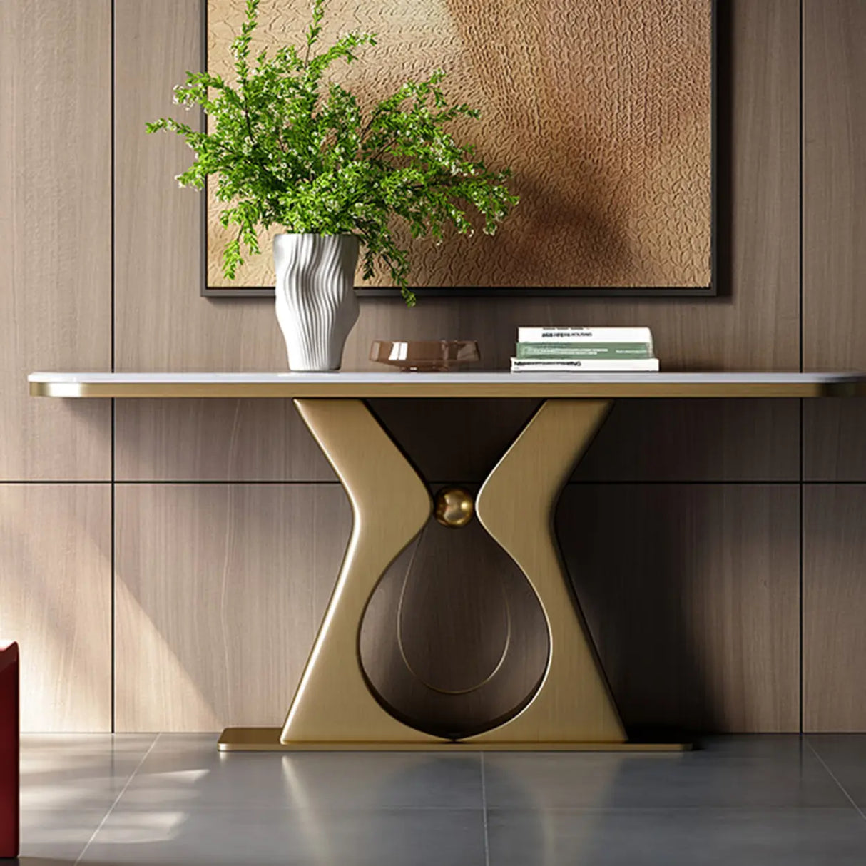 Elegant Gold Base Marble Rectangular Console Table Image - 4