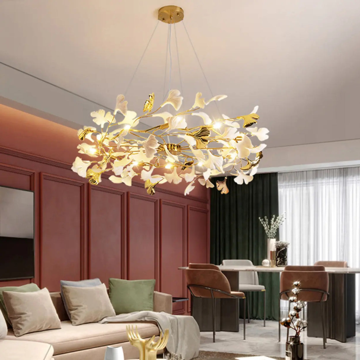 Elegant Gold Branch Circle Ginkgo Leaf Chandelier Image - 1