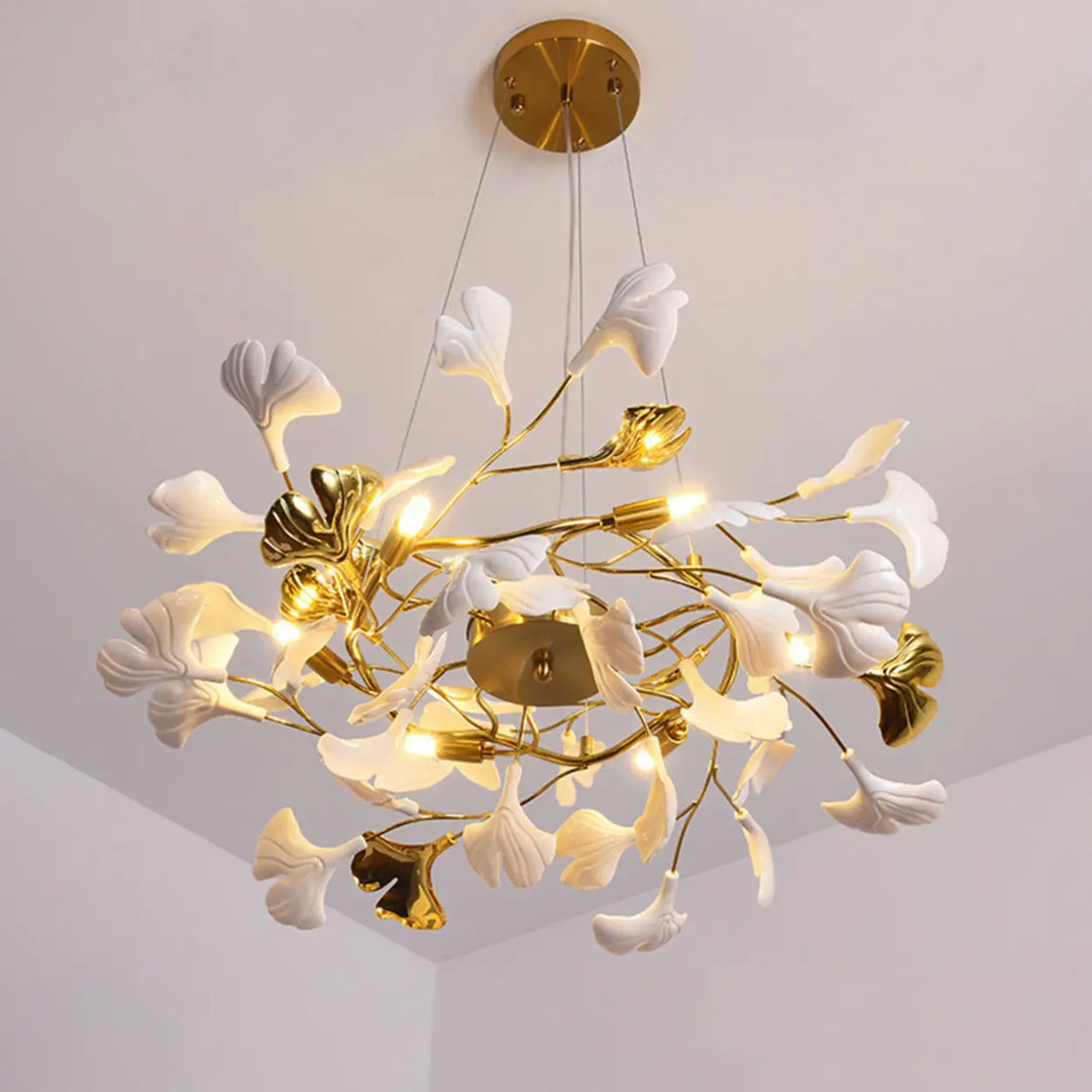 Elegant Gold Branch Circle Ginkgo Leaf Chandelier Image - 10