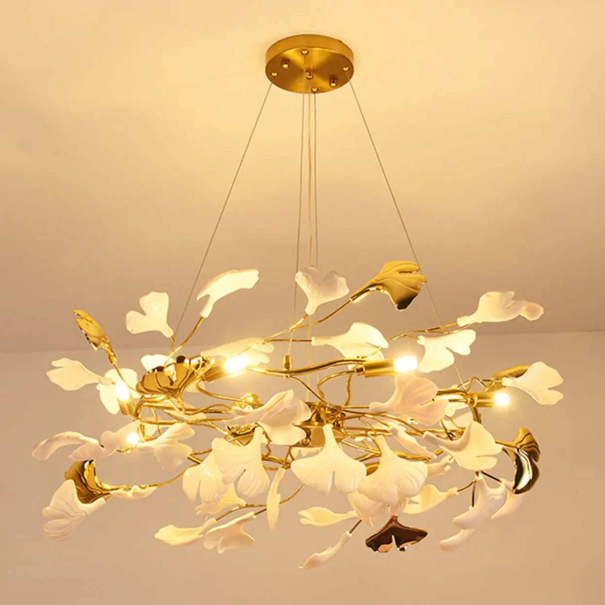 Elegant Gold Branch Circle Ginkgo Leaf Chandelier Image - 11