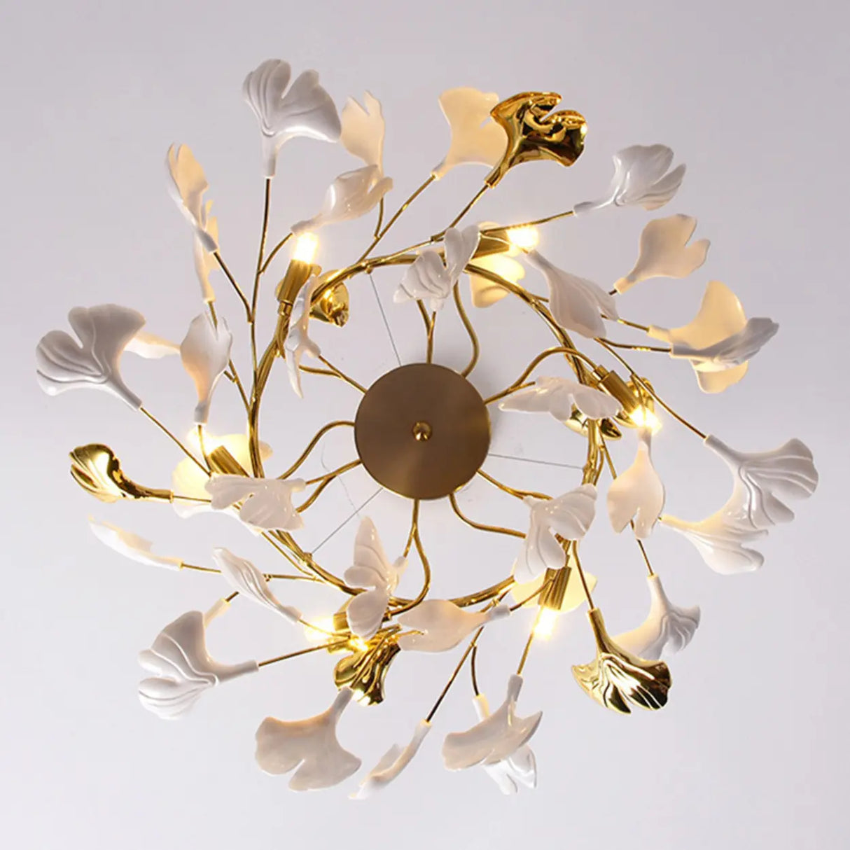 Elegant Gold Branch Circle Ginkgo Leaf Chandelier Image - 12