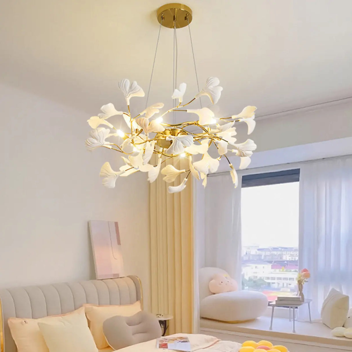 Elegant Gold Branch Circle Ginkgo Leaf Chandelier Image - 17